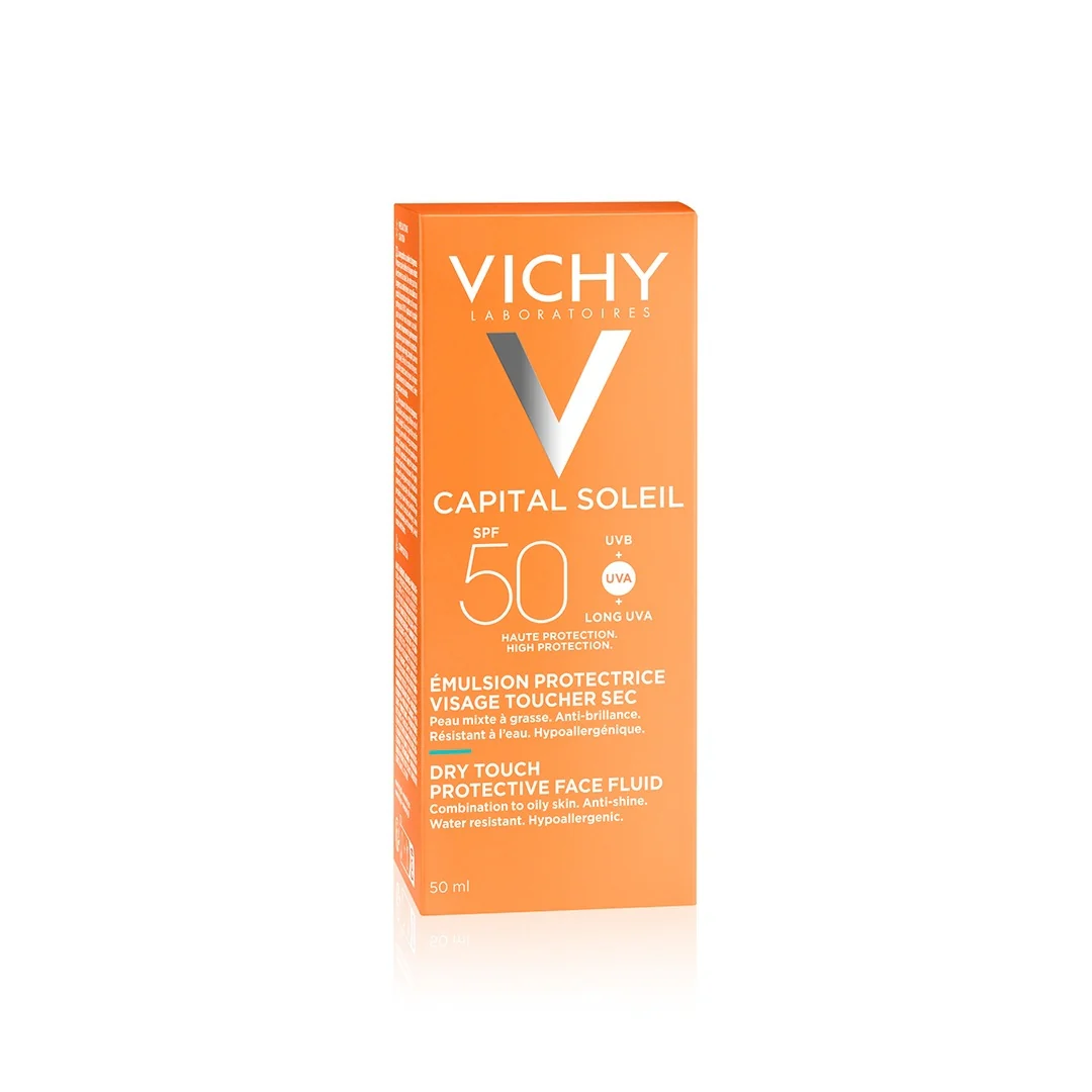 „Capital Soleil“ „Capital Soleil Viso Dry Touch SPF 50“ – itin stiprią apsaugą suteikiantis veido kremas nuo saulės.