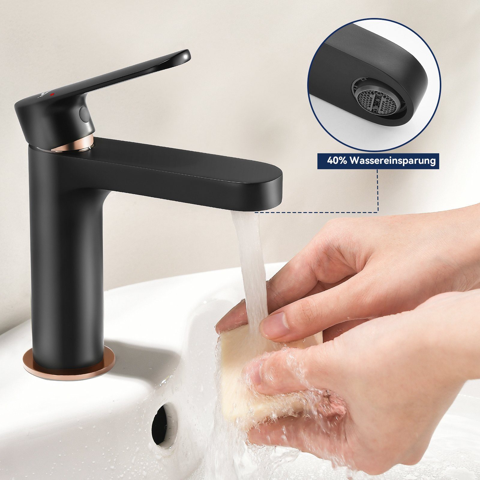 Auralum Waschtischarmatur Wasserhahn Bad Schwarz Waschbecken Armatur Mischbatterie Badarmatur mit Rose Gold Akzent Oberfläche