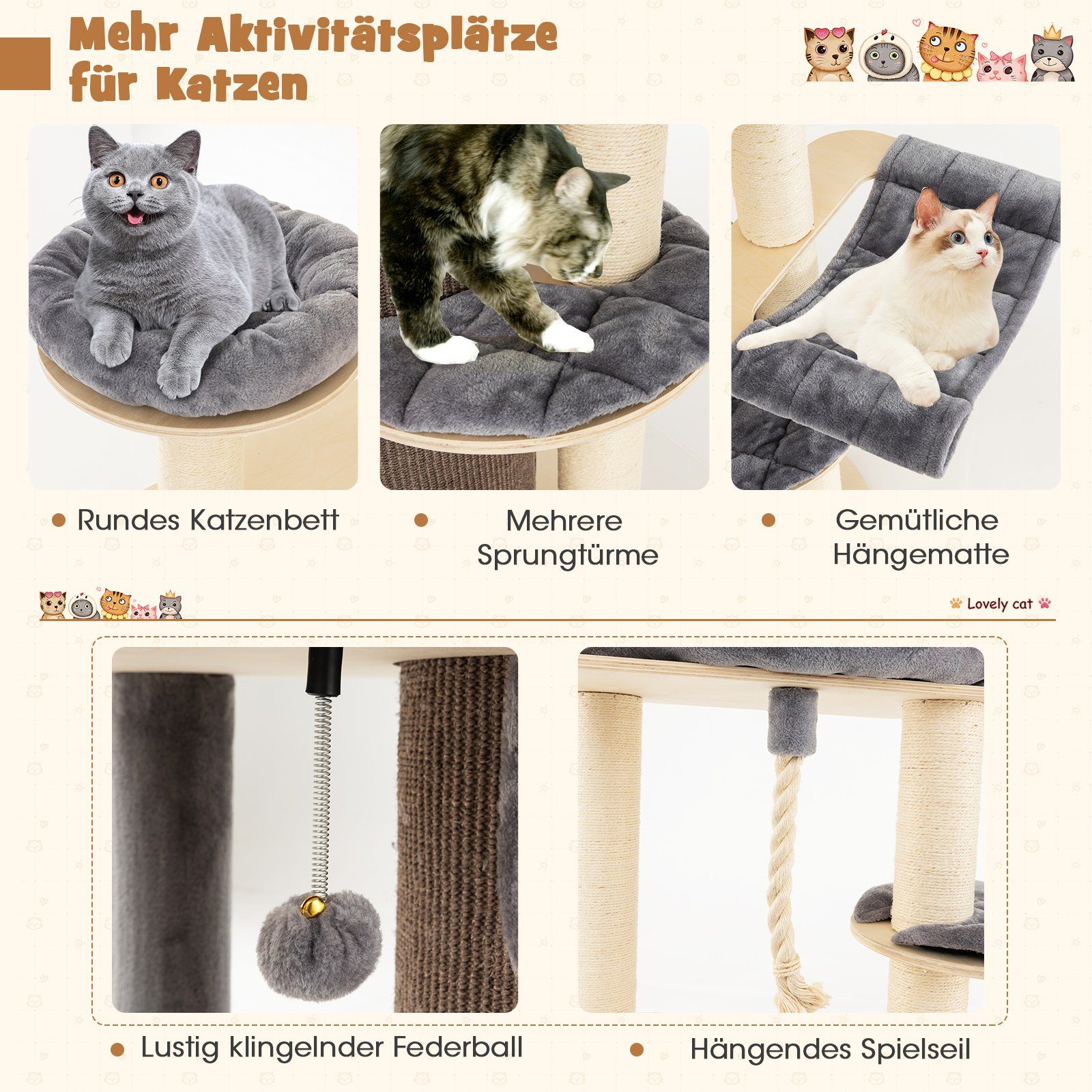 COSTWAY Kratzbaum Katzenbaum, 173cm deckenhoch, mit 3 Katzenhöhle