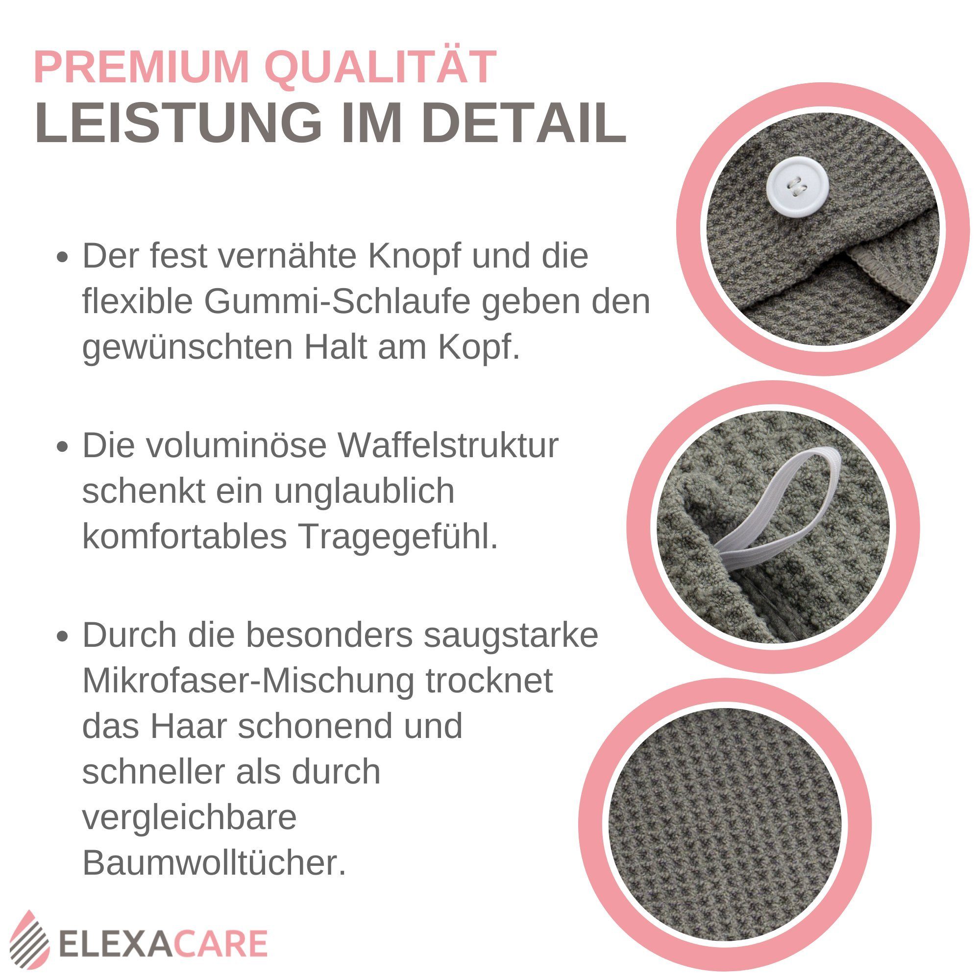 ELEXACARE Turban-Handtuch Haarturban mit Knopf, Mikrofaser (2-St), Turbanhandtuch mit Knopf und Schlaufe