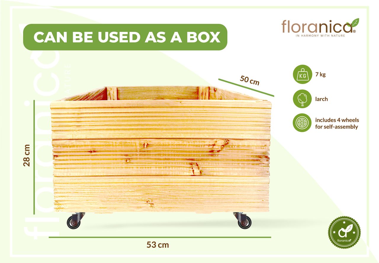Pemicont Floranica Blumentopf aus Holz Kasten 4 Rollen 50cm x 535cm x 285cm Nicht imprägniertes Lärchenholz Schutzhülle für Kräuter Blumen Haus- und Gartendekoration Innen- und Außenbereich