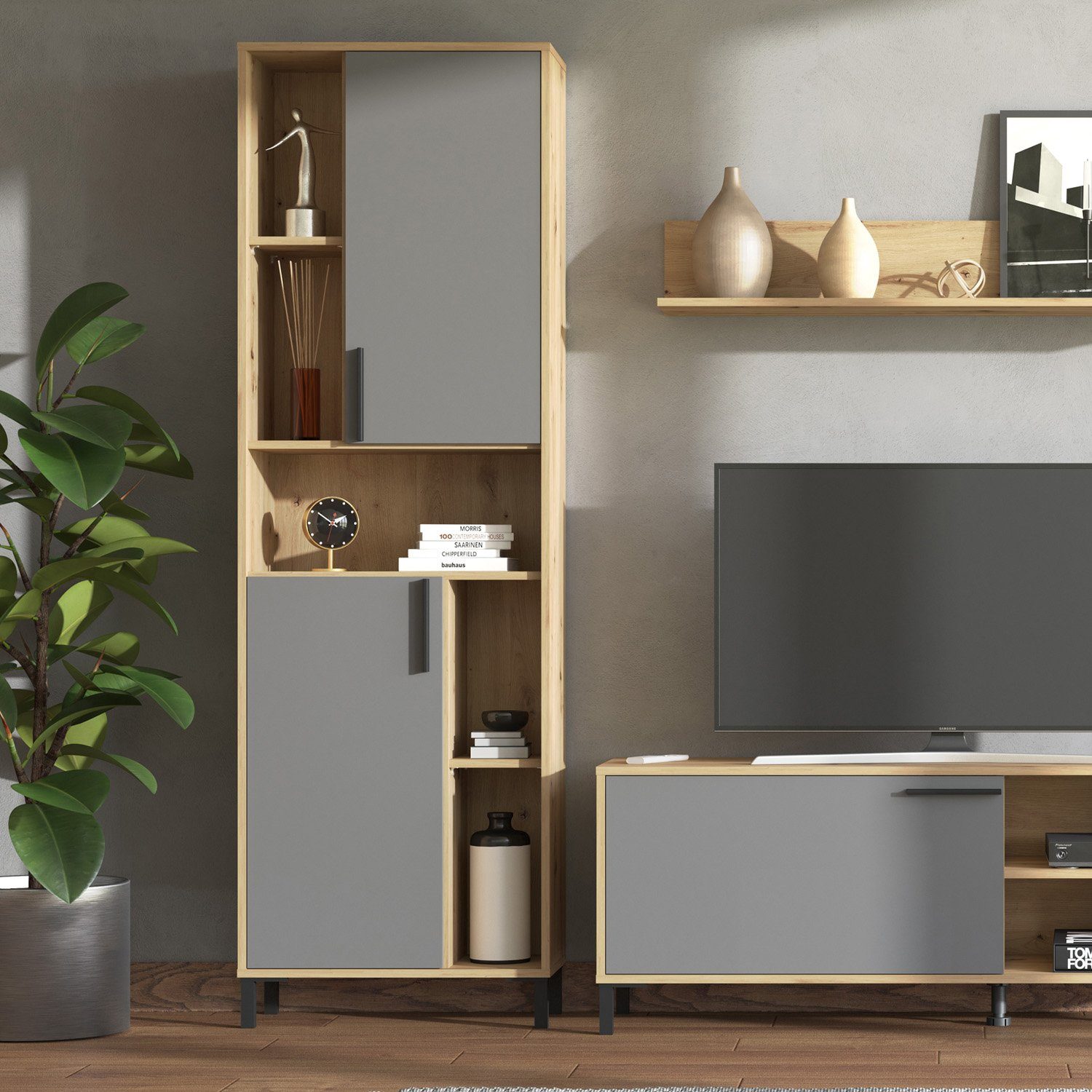 Homestyle4u Wohnwand Schrankwand 4 tlg. Anbauwand Weiß Grau, (4-St)