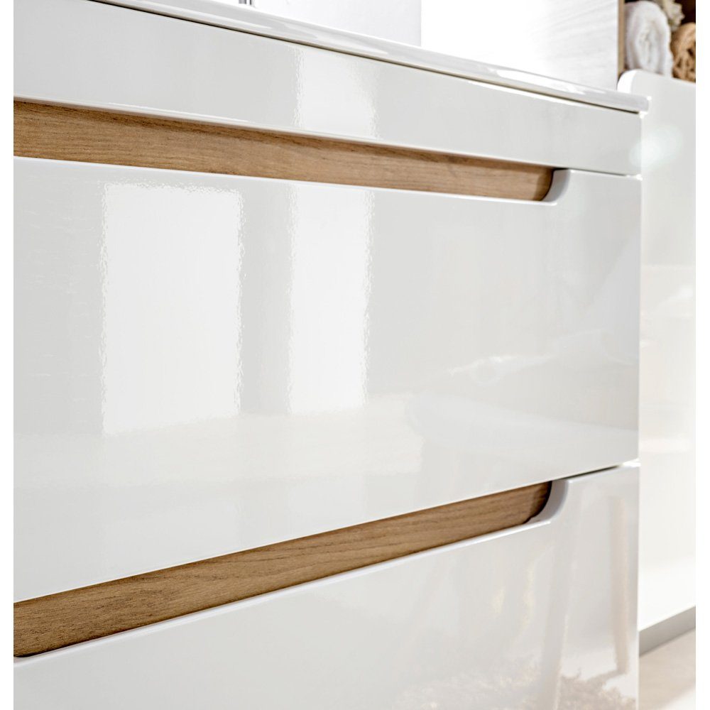 Lomadox Badmöbel-Set LUTON-56, (7-St), weiß mit Wotan Eiche Nb. mit LED-Spiegelschrank 130/200/46 cm