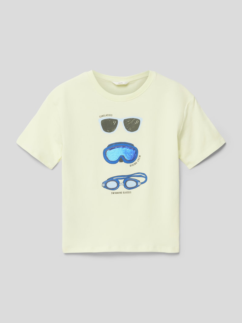 T-Shirt aus Baumwolle mit Motiv-Prints in hellgelb