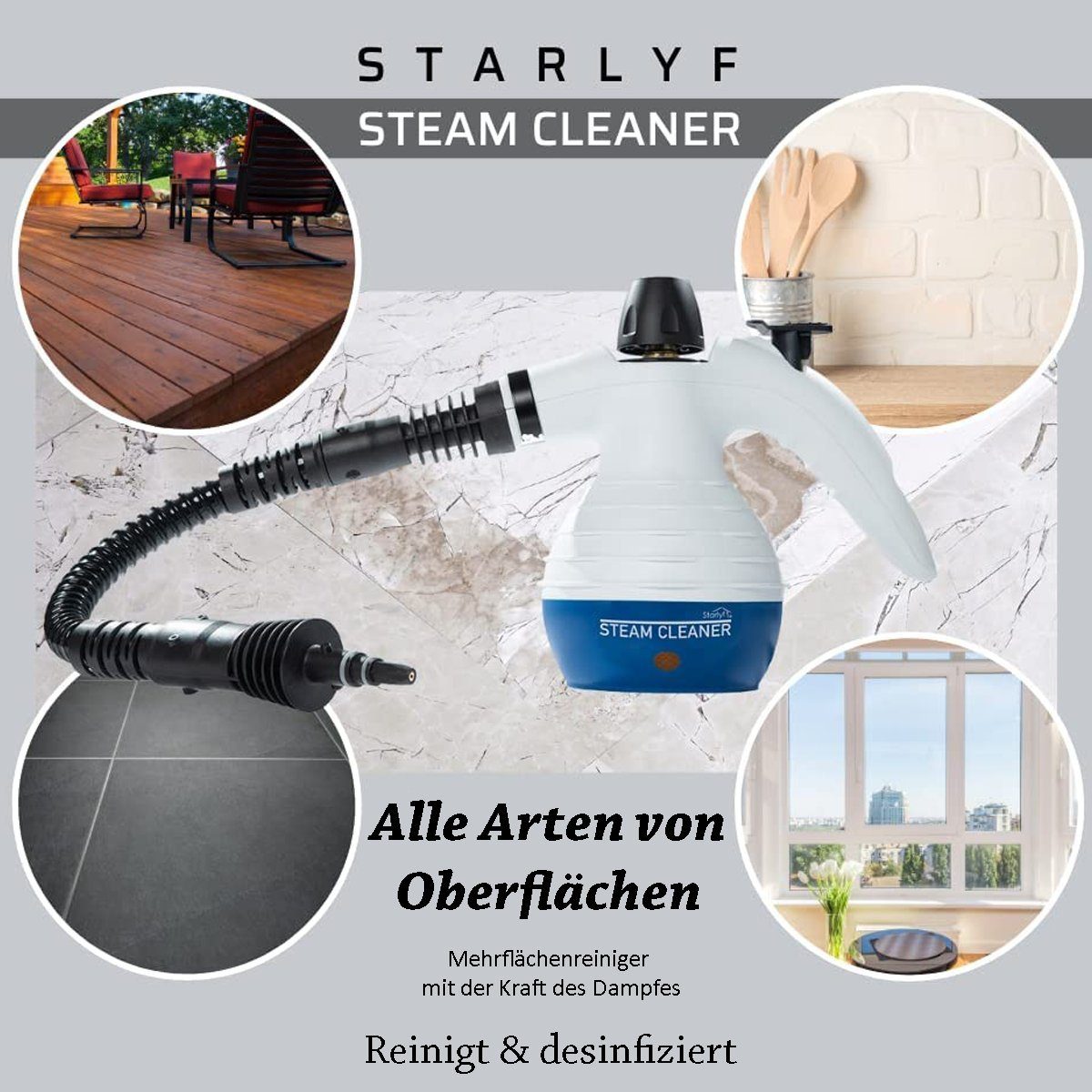Starlyf Handdampfreiniger Steam Cleaner, 1050 W, beutellos, 2,8 bar, 250 ml, tragbarer Dampfreiniger, Dampfente