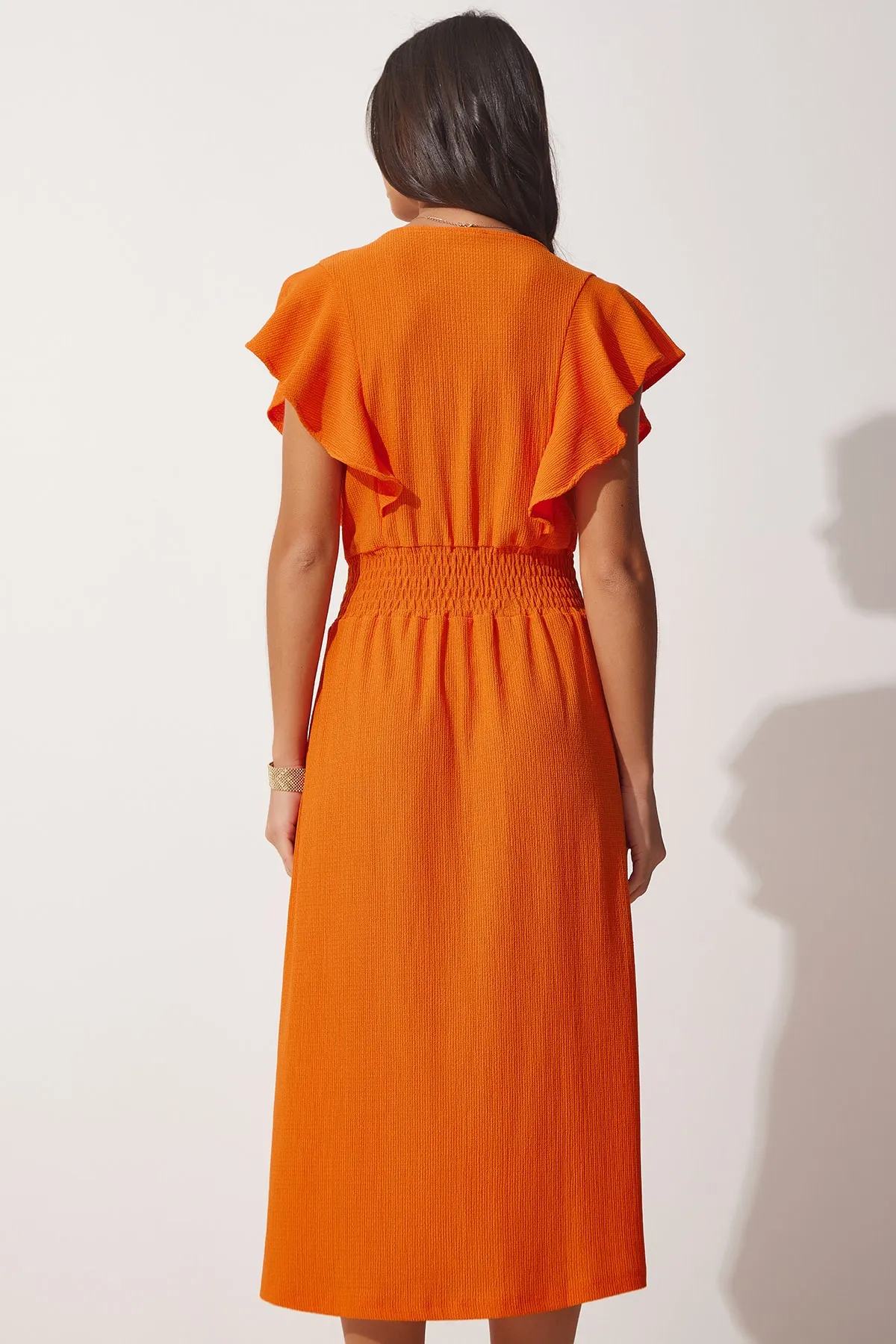 Happiness İstanbul  Strukturiertes Strickkleid mit Volant in Orange für Damen CI00025