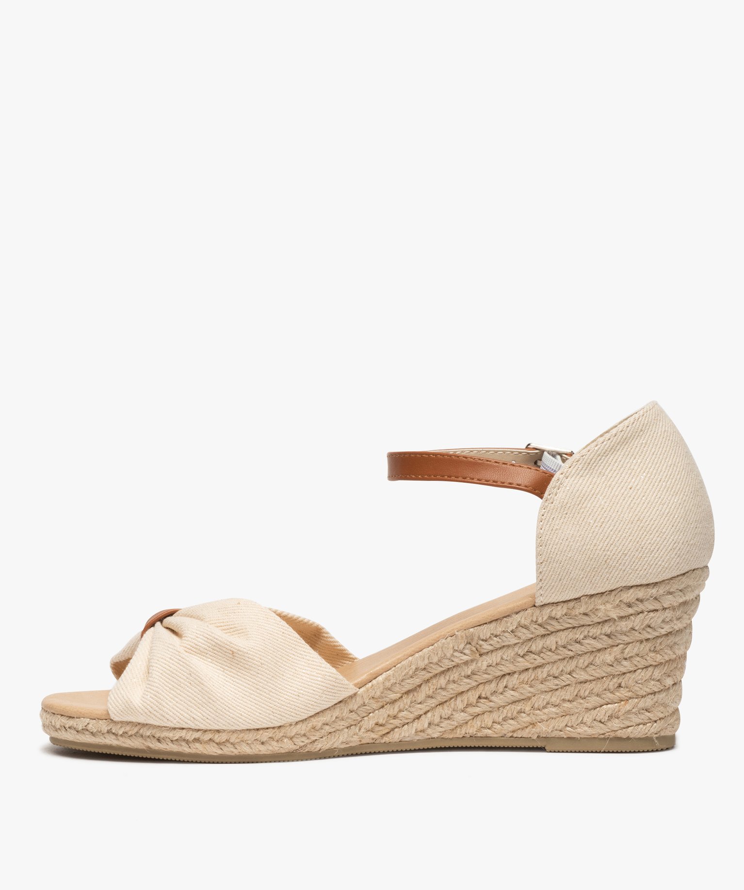 Sandales femme à talon compensé dessus drapée en tissu beige | GEMO