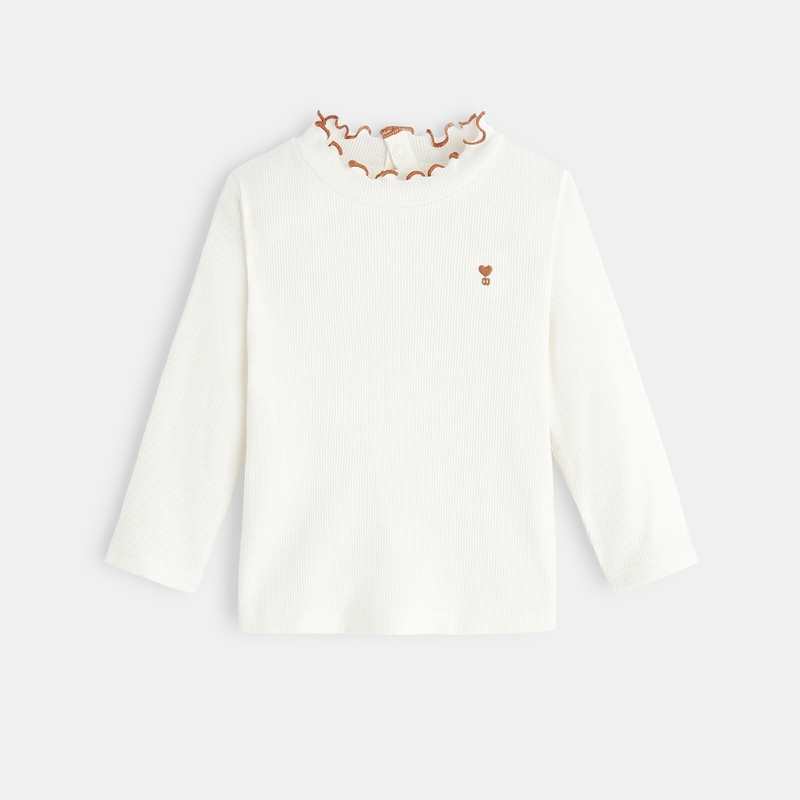 T-shirt côte plate col ondulé blanc bébé fille