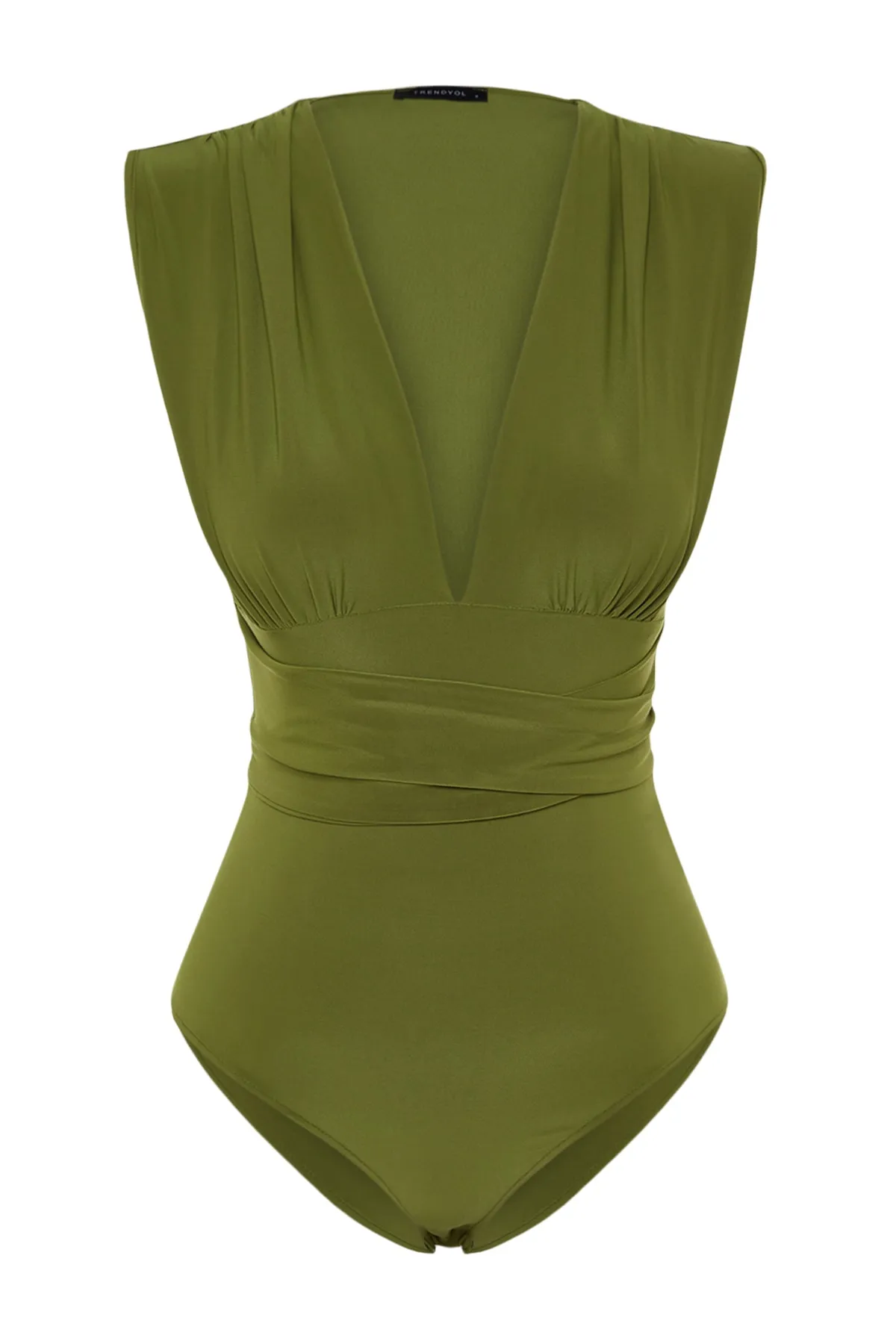 Trendyol Collection  Grüner taillierter/körperbetonter Stretch-Strickbody mit V-Ausschnitt und Druckknöpfen TWOSS23BD00055