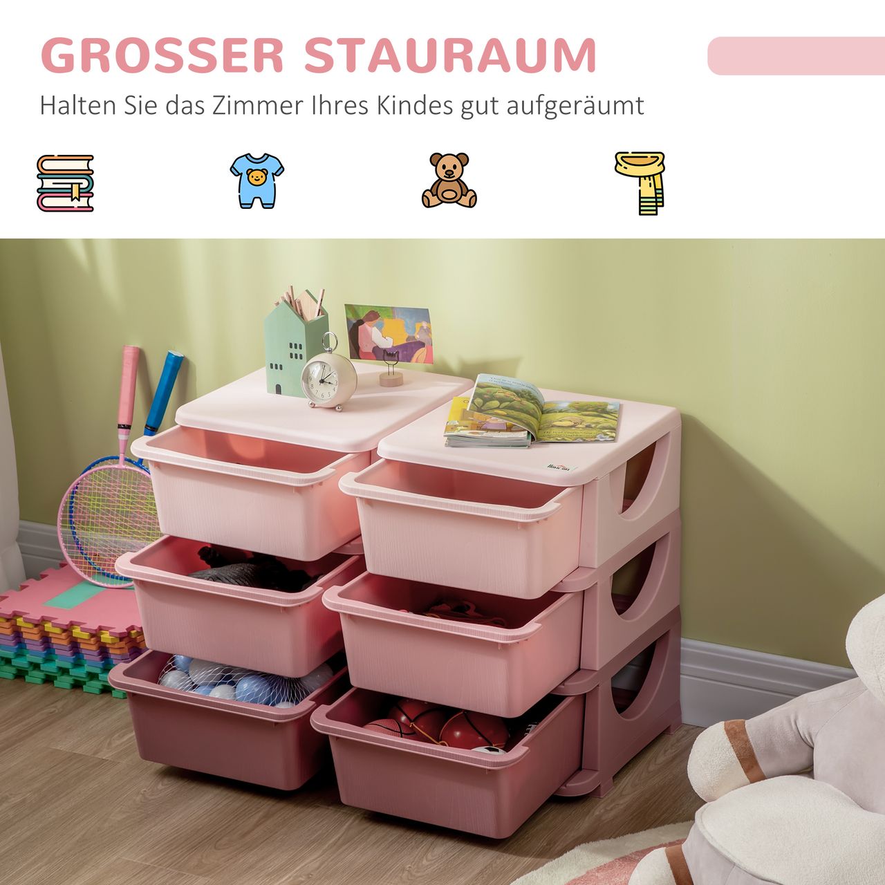 HOMCOM Schubladenschrank für Kinder Aufbewahrungsboxen mit 6 Ebenen Kindermöbel