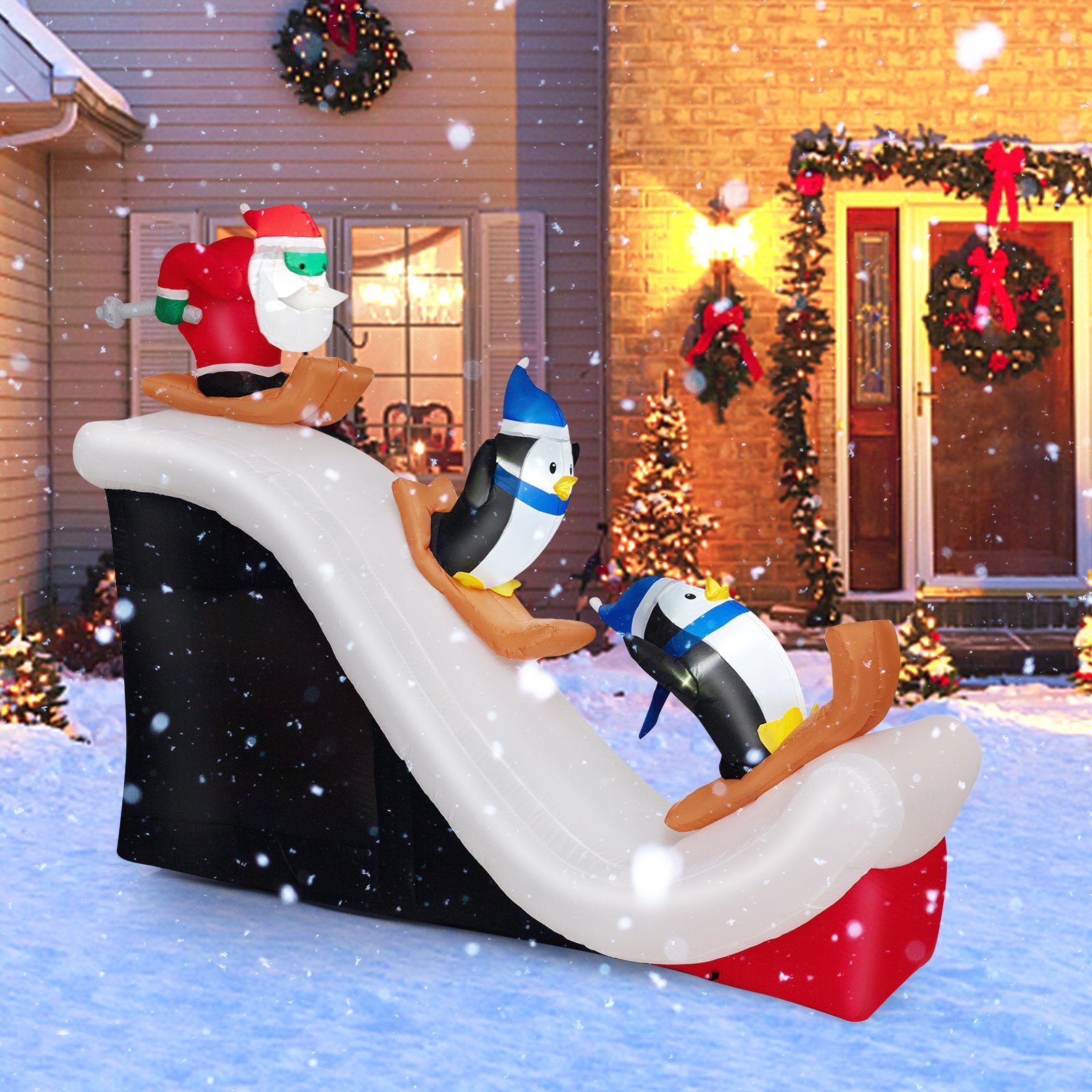 COSTWAY Weihnachtsmann, mit Skifahrenden Pinguinen, aufblasbar, 220 cm