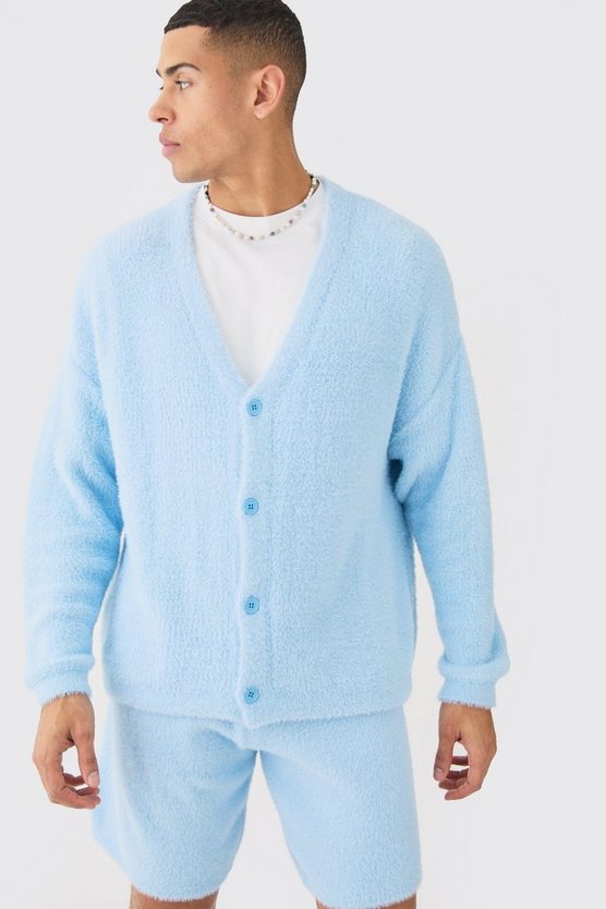 Flauschiger Strick-Cardigan in Hellblau