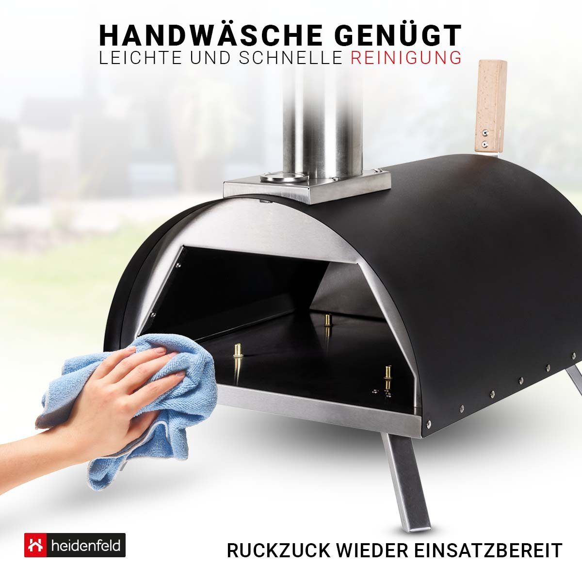 Heidenfeld Pizzaofen Edelstahl Pizza Ofen Neapel inkl. Pizzastein - bis 500°C, Pellets oder Hybrid 2in1 Gasgril - Sichtfenster - Backofen - Holzofen