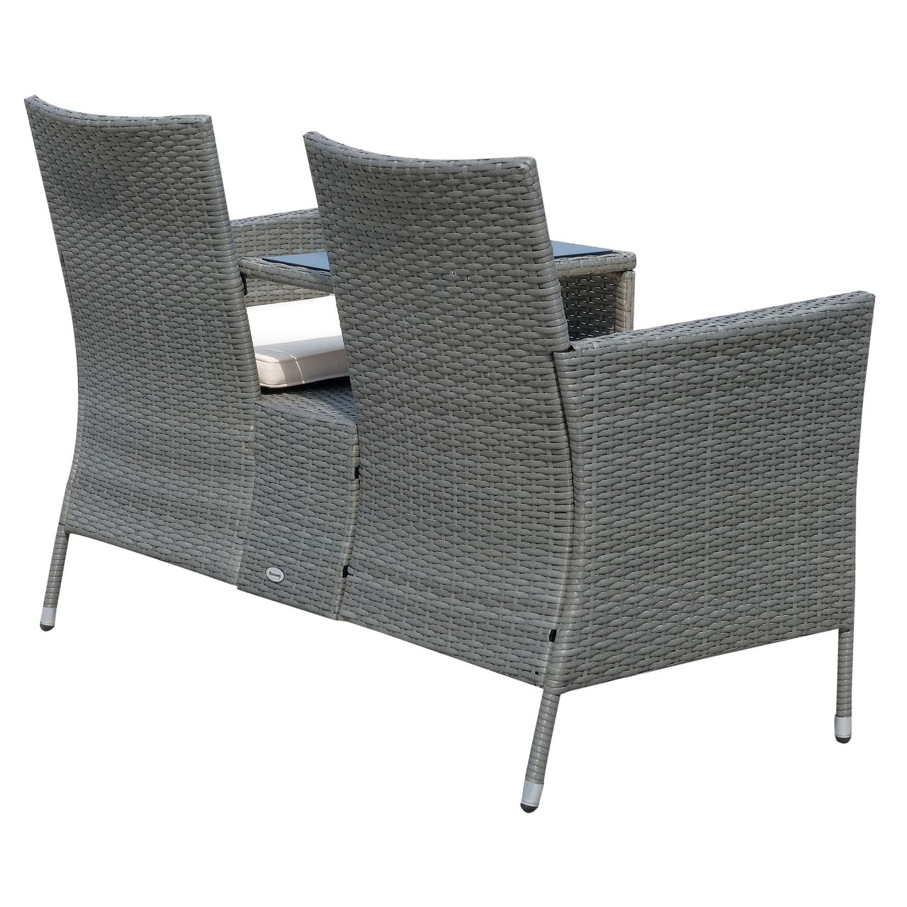 Outsunny Polyrattan Gartenbank Gartensofa Sitzbank mit Tisch 2-Sitzer Stahl Grau