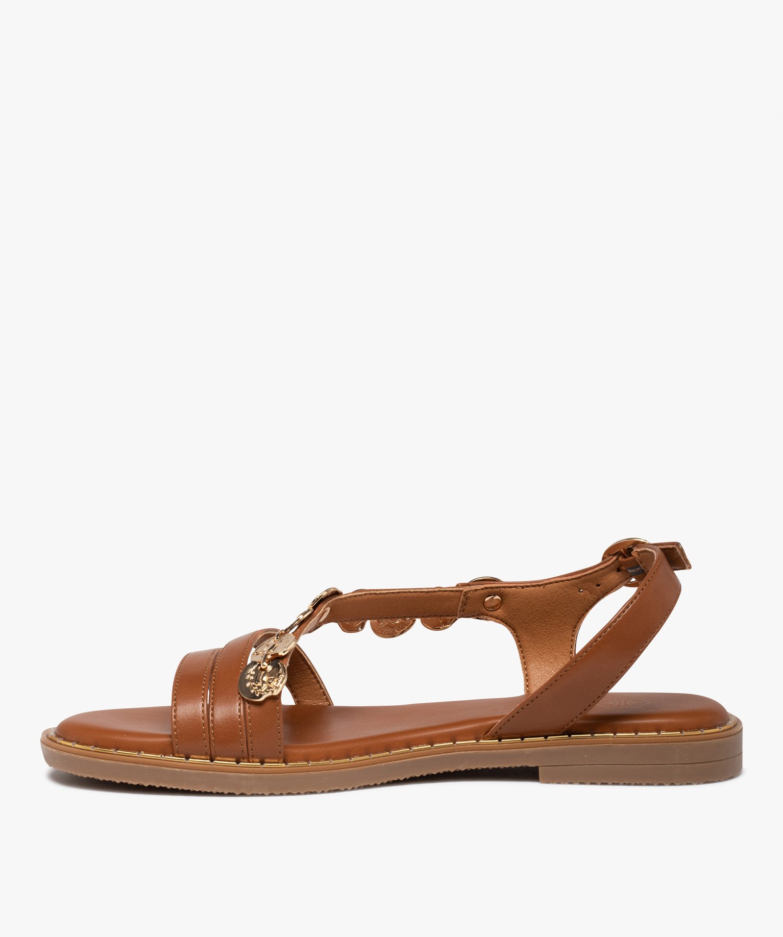 Sandales femme à talon plat avec bijoux métallisés marron | GEMO