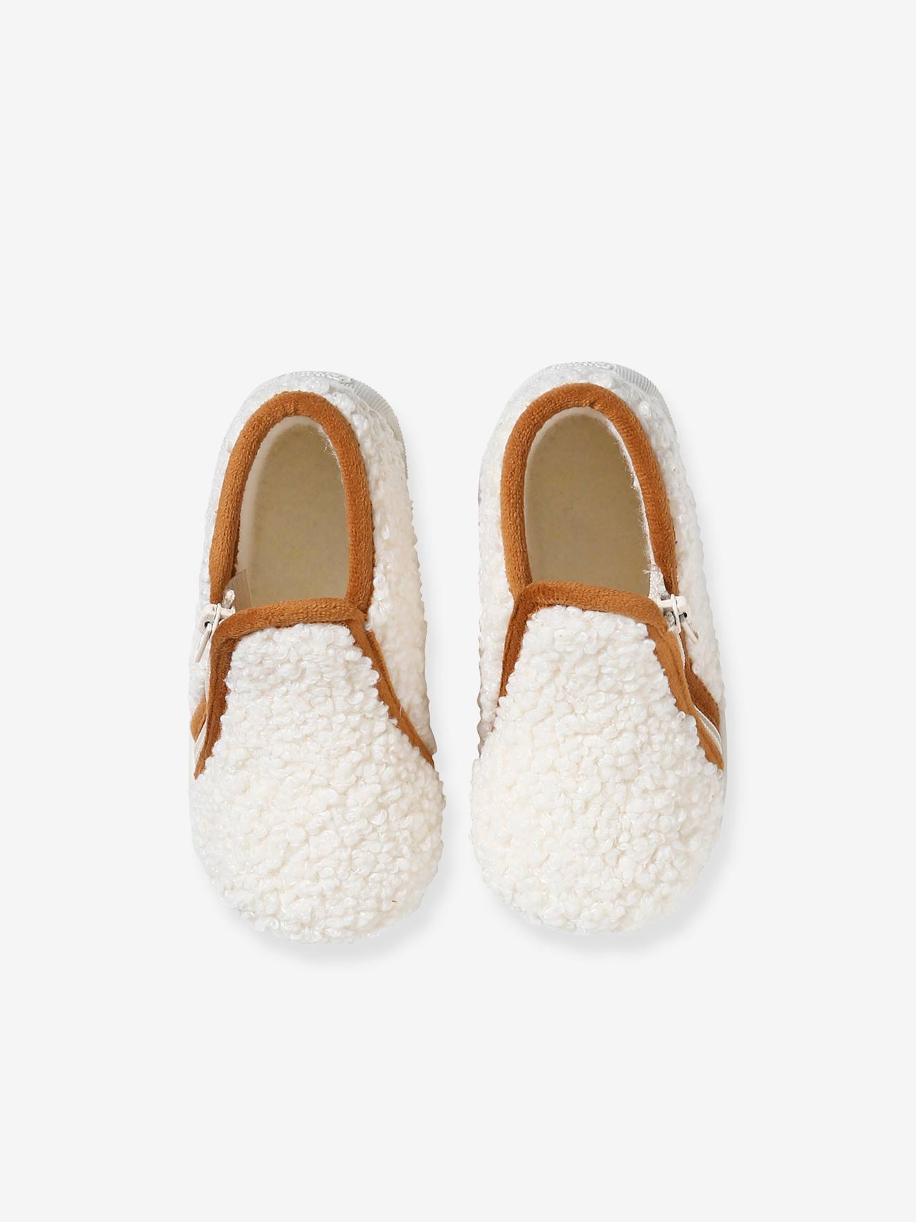 Chaussons bébé textile moutonné fabriqués en France écru