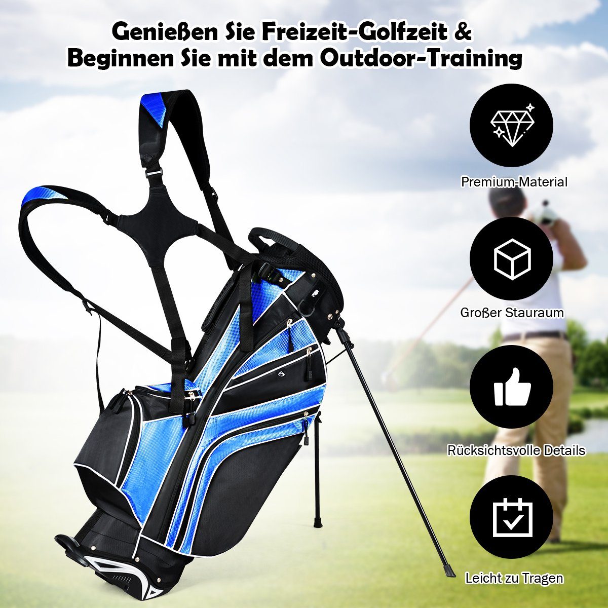 COSTWAY Golftrolley + Golfbag, mit Ständer, Regenschirmhalter