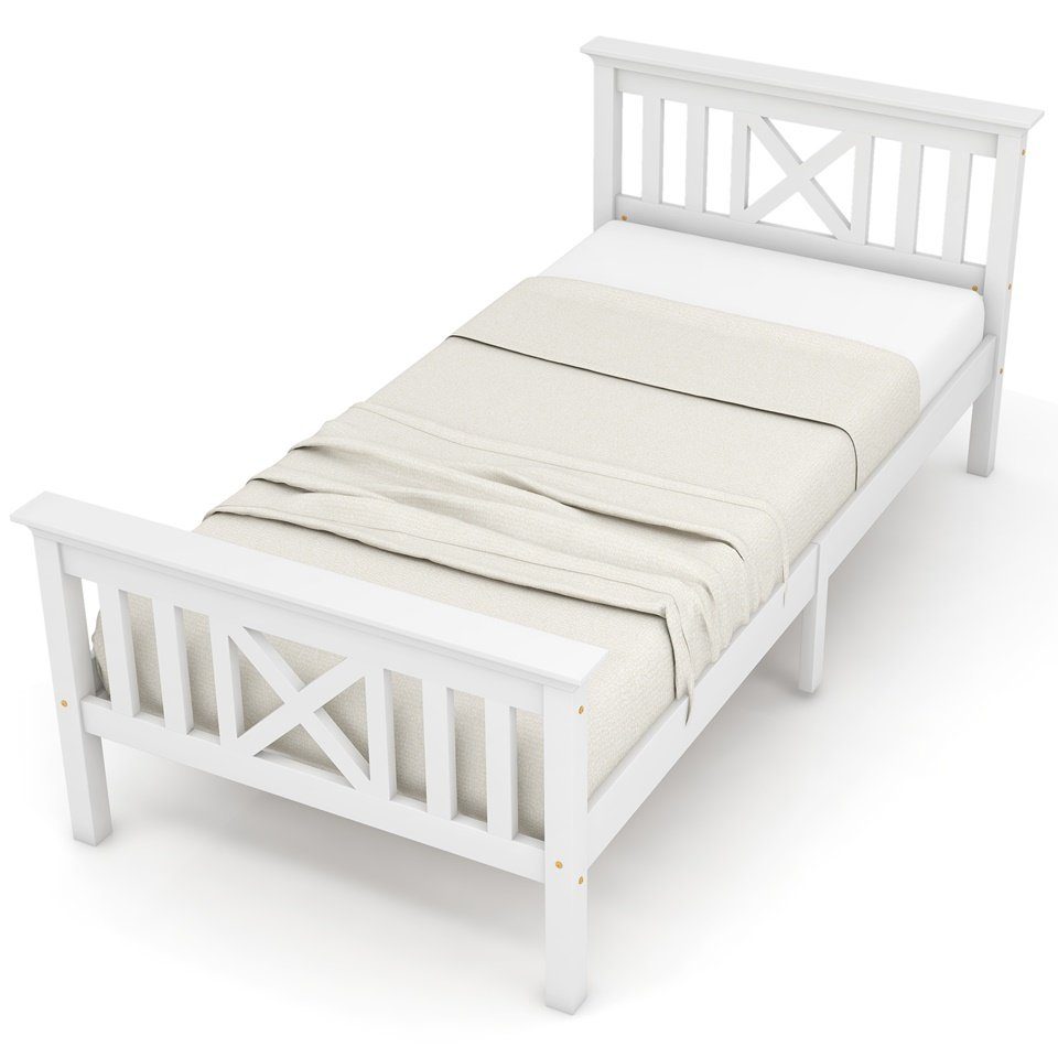 Fangqi Massivholzbett Einzelbett aus Bettgestell mit Lattenrost Holzbett mit Kopfteil, Massivholz Kinderbett, Jugendbett, Kiefer massiv, weiß/grau