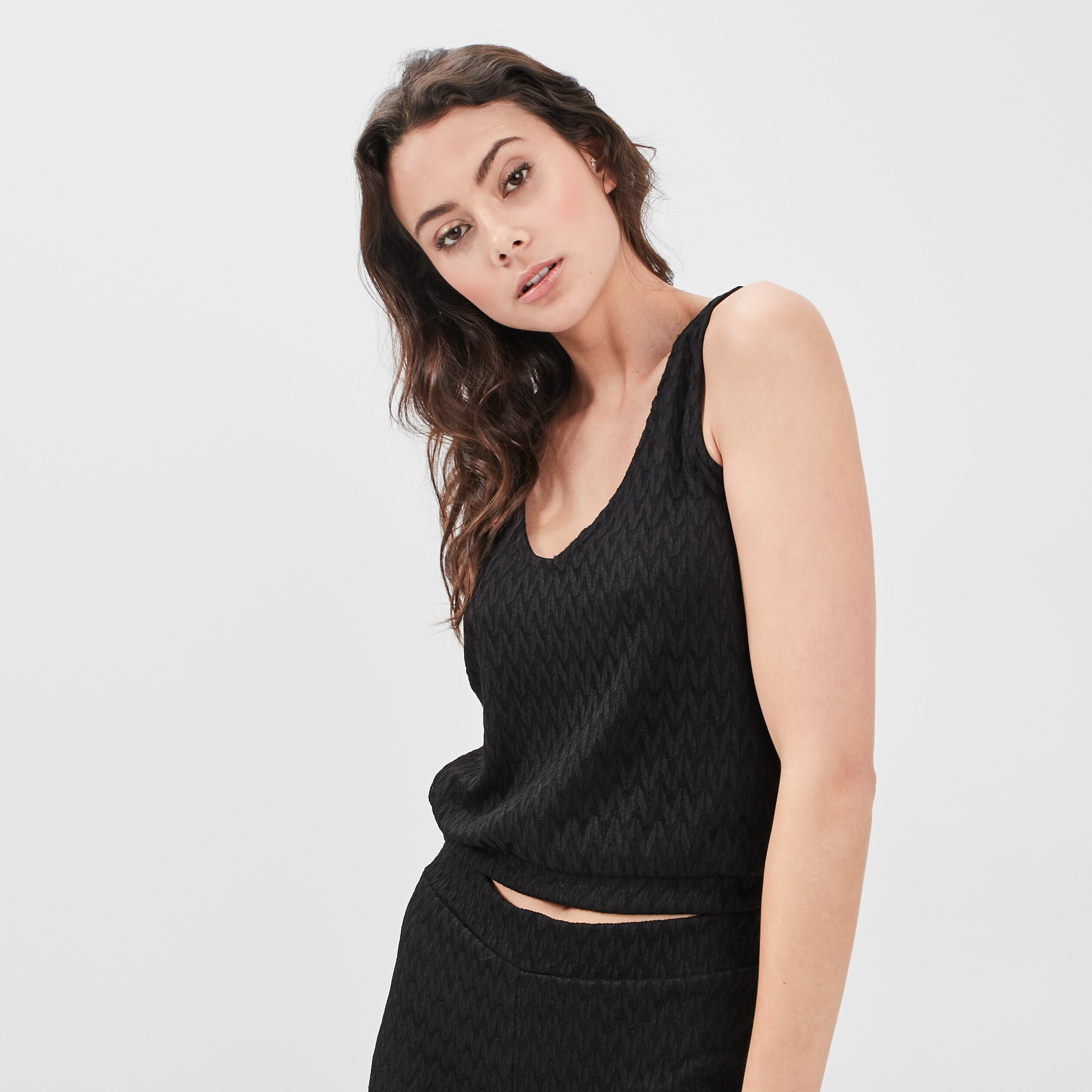 Débardeur cropped col en V noir femme | La Halle