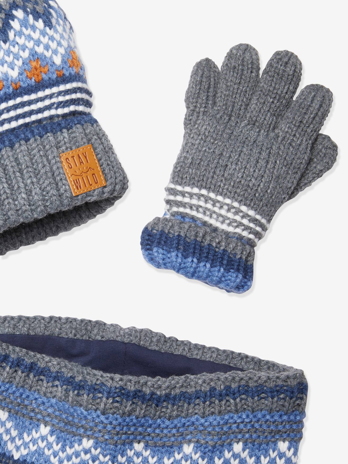 Ensemble garçon bonnet + snood + gants bleu chiné