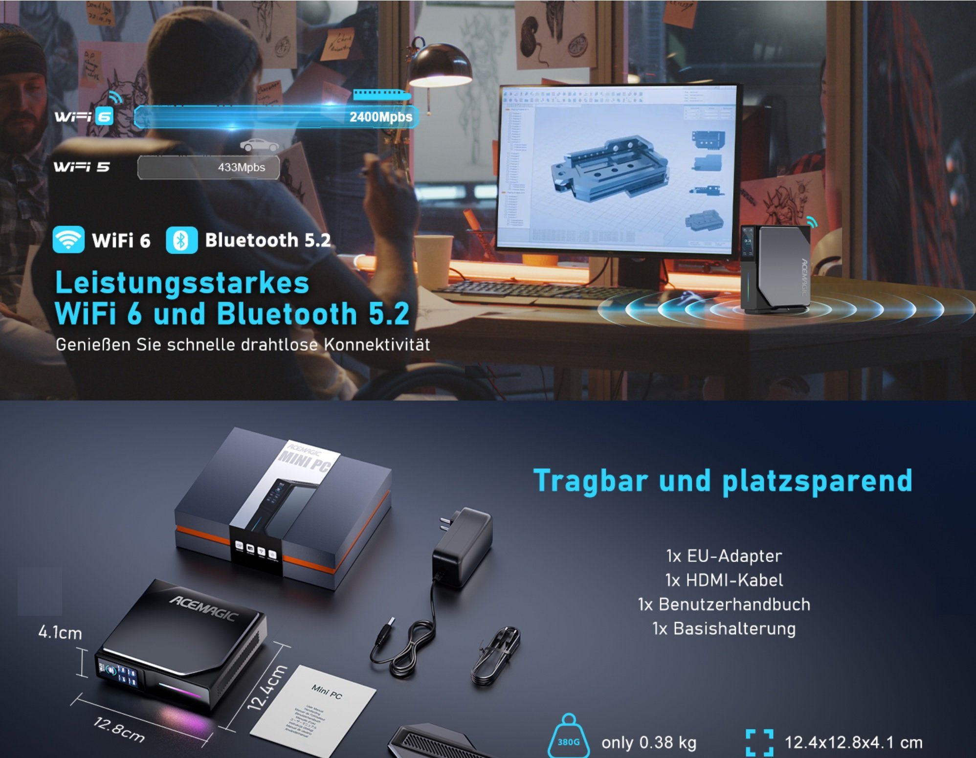 ACEMAGIC Mini PC mit LCD Bildschirm, Windows 11 Pro Computer Office Home 4K UHD Mini-PC (Intel Celeron, UHD Graphics, 16 GB RAM, 512 GB SSD, Luftkühlung, Multimedia, Workstation, Desktop, Business, Angebot, Gaming)