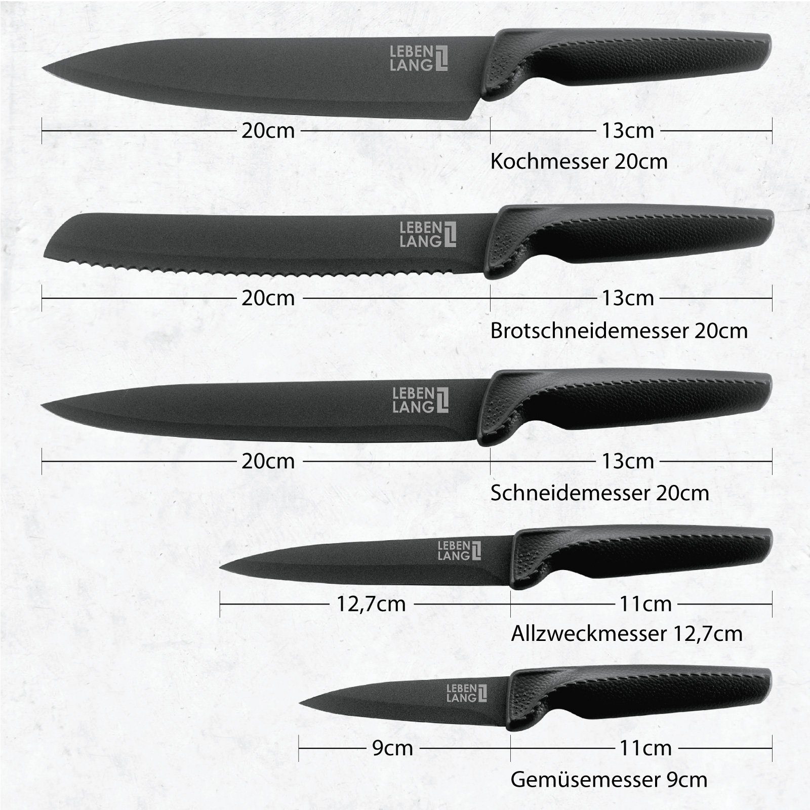 Lebenlang Messer-Set Messerset 5-teilig Edelstahl schwarz Scharfes Küchenmesser Set (5-tlg), Küchenhelfer mit black knives Scharfe Messer für Küche Küchenzubehör
