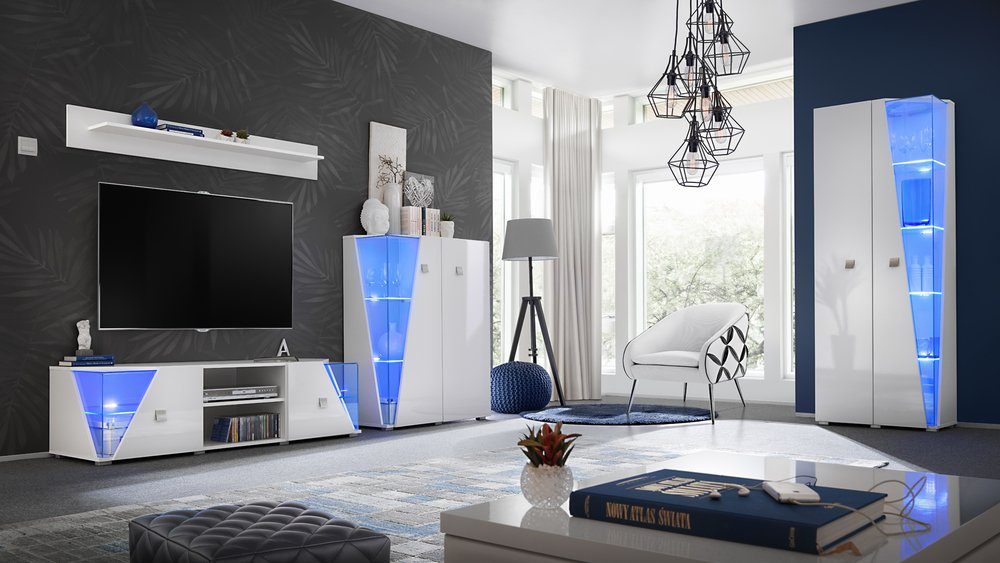 Stylefy Wohnwand Edgar Weiß Hochglanz, Weiß Matt, (Wohnmöbel, Wohnzimmer-Set, Set (4-St), bestehend aus 2xStandvitrine, 1xLowboard und 1xWandboard, Modern, aus Holzwerkstoff, inkl. LED-Beleuchtung, mit Glaseinsatz, Hochglanzfronten