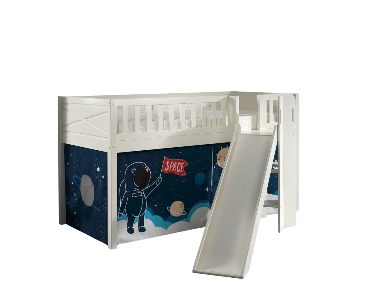 VIPACK Spielbett SCOTT, LF 90 x 200 cm, mit Rolllattenrost, Rutsche, Leiter und Textilset 