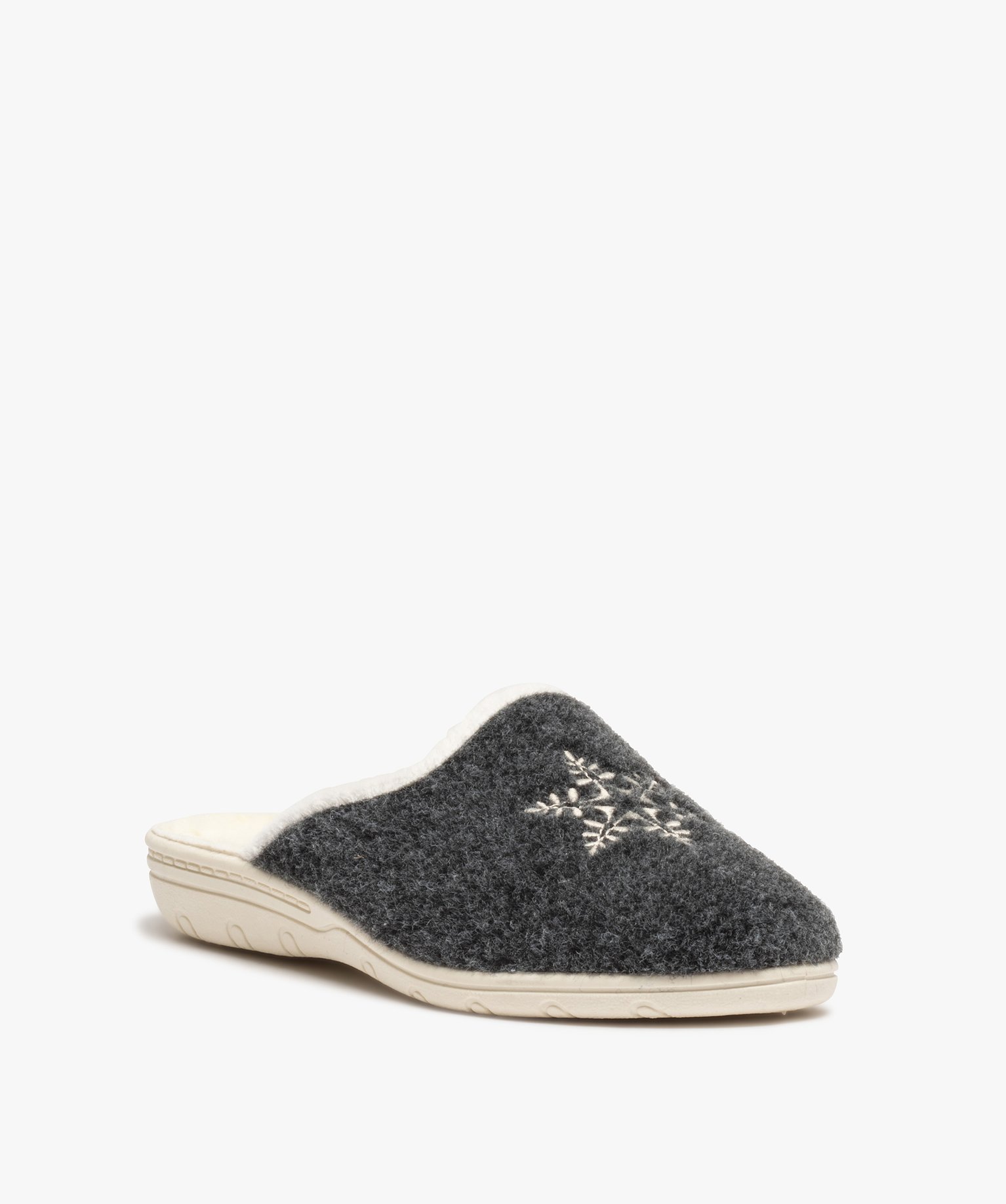 Chaussons femme confort mules en feutrine brodée flocon gris | GEMO