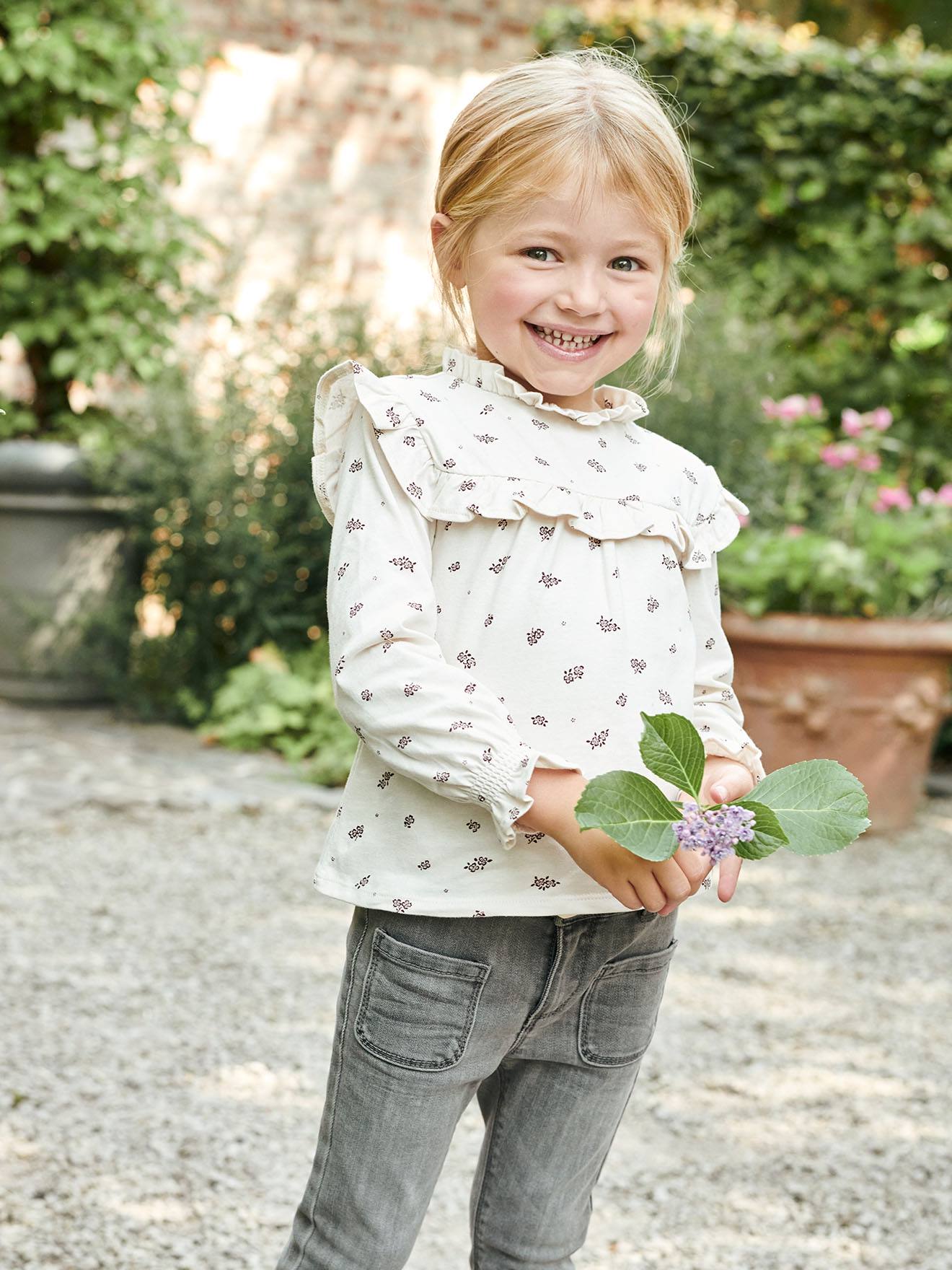 T-shirt blouse volanté imprimé fleurs fille rose aop