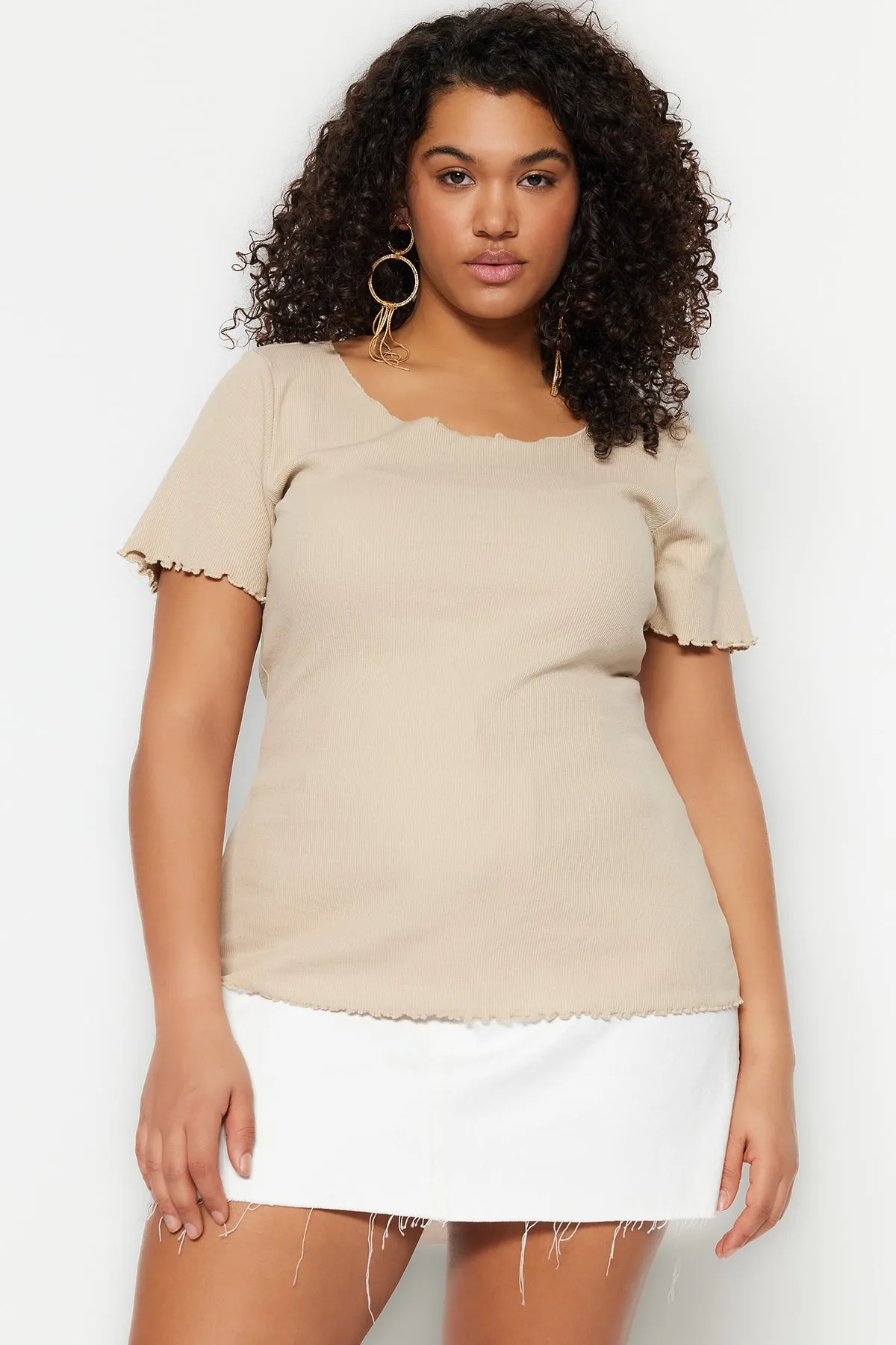 Trendyol Curve  Stone Corded U-Neck Strick-T-Shirt TBBSS23BF00010