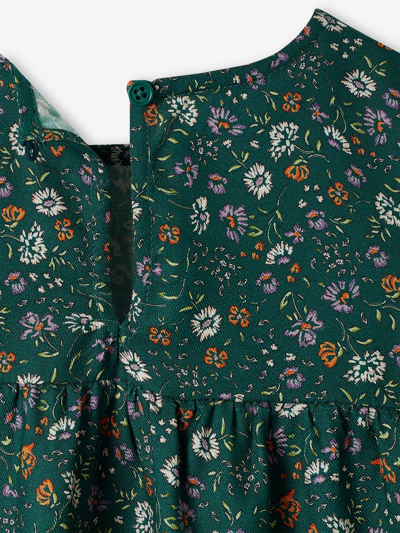 Robe imprimée fleurs manches volantées fille bleu nuit