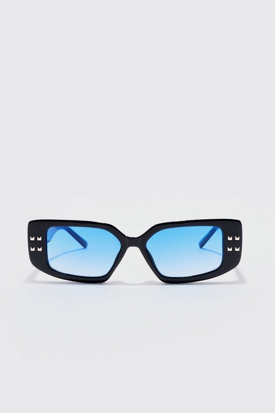 Klobige eckige Sonnenbrille in schwarz mit blauen Gläsern