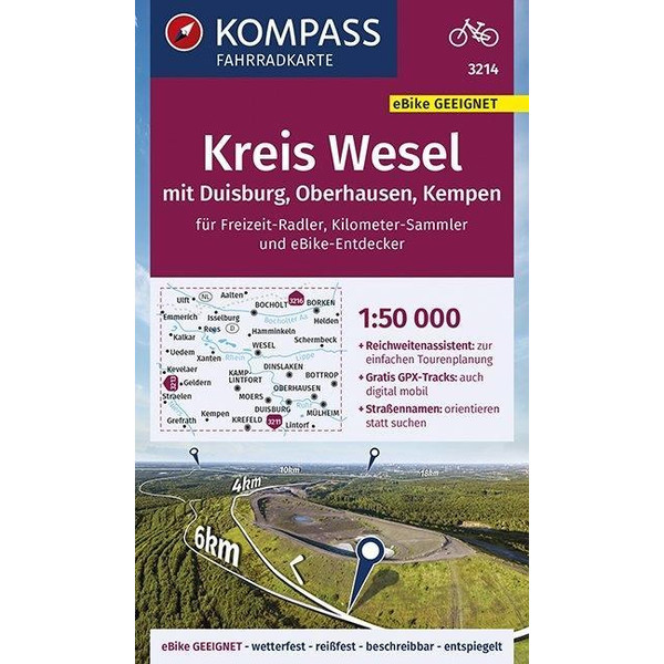KOMPASS Fahrradkarte Kreis Wesel mit Duisburg, Oberhausen, Kempen 1:50.000, FK 3214 - Fahrradkarte
