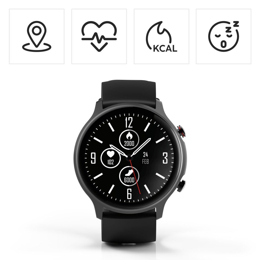 Hama Smartwatch Herren GPS Pulsmessung, Blutsauerstoff, Herzfrequenz, Timer Smartwatch (3,25 cm/1,28 Zoll), Fitnesstracker, Schritte, Kalorien, Schlaf, Stress, Tempo, Musik, Uhr