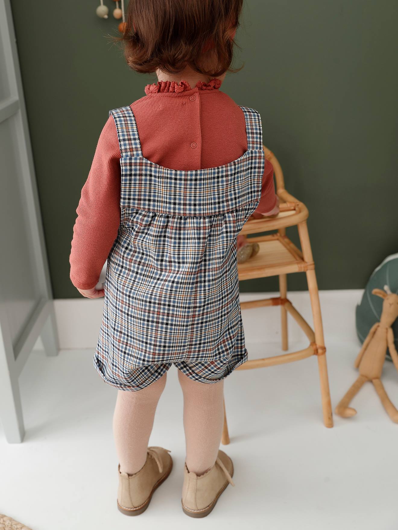Vertbaudet Mädchen Baby-Set: Latz-Shorts, Shirt & Haarband - altrosa
