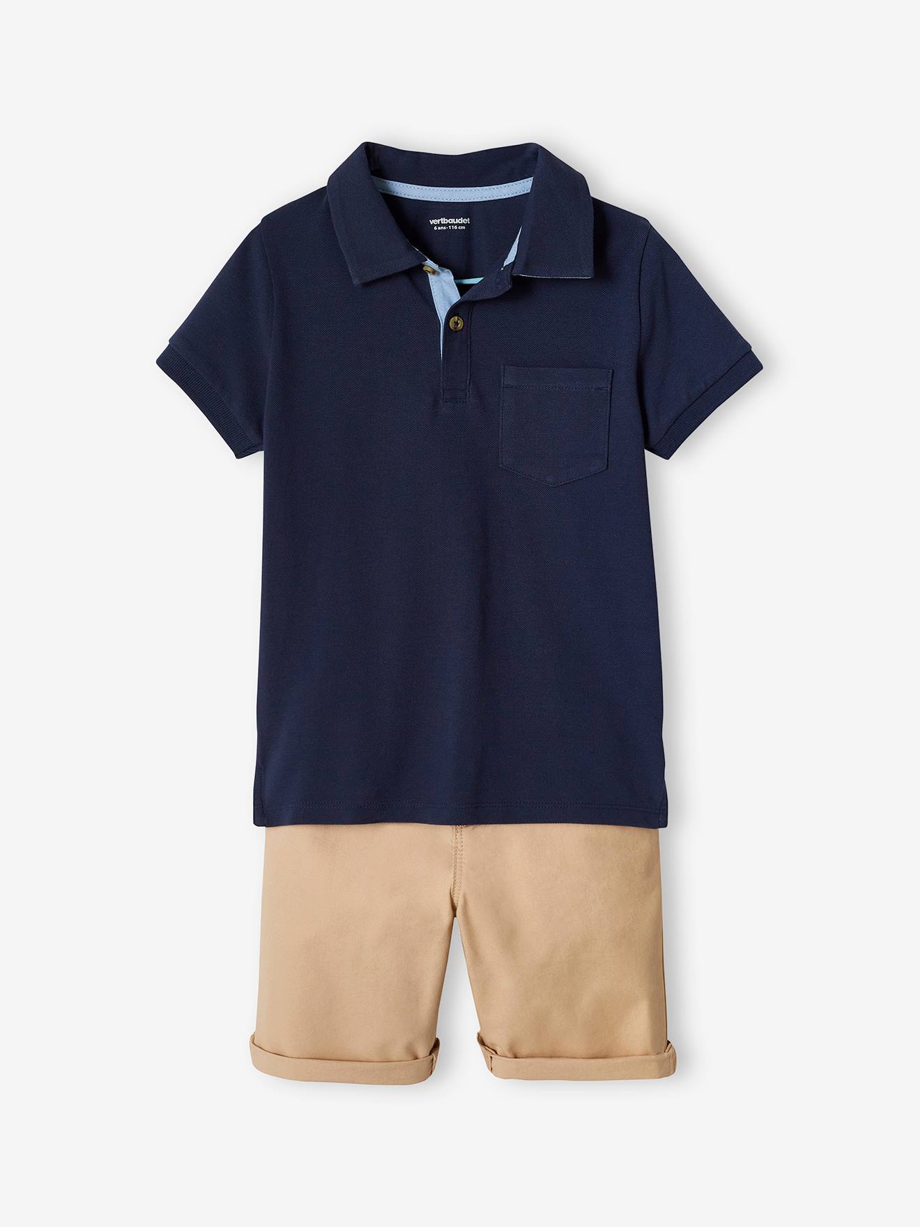 Ensemble polo maille piquée et bermuda garçon bleu ciel