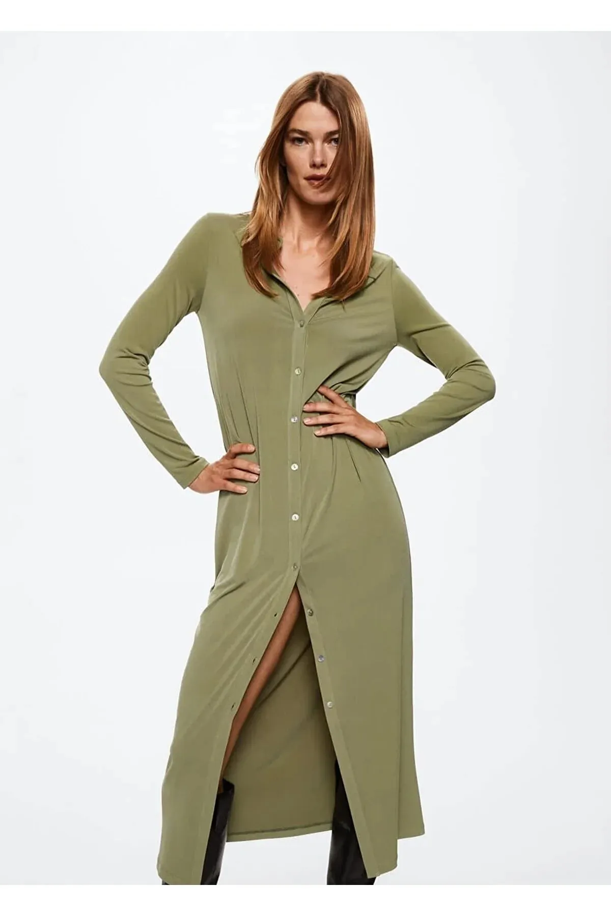 MANGO  Khakifarbenes Damenkleid 37094065
