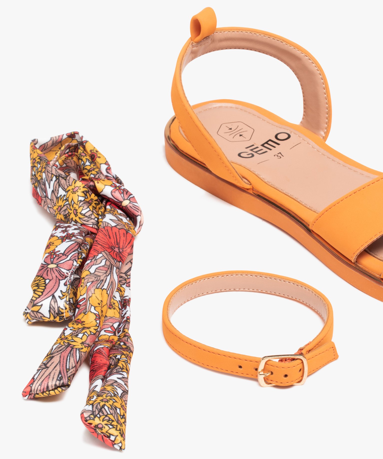 Sandales femme unies à talon plat et bride foulard orange | GEMO