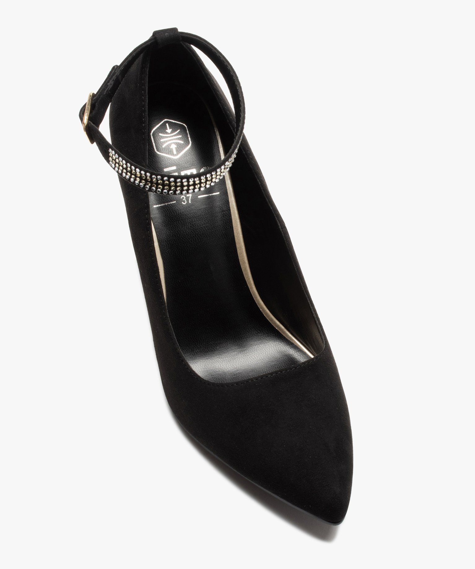 Escarpins femme unis à talon aiguille et bride strass noir | GEMO