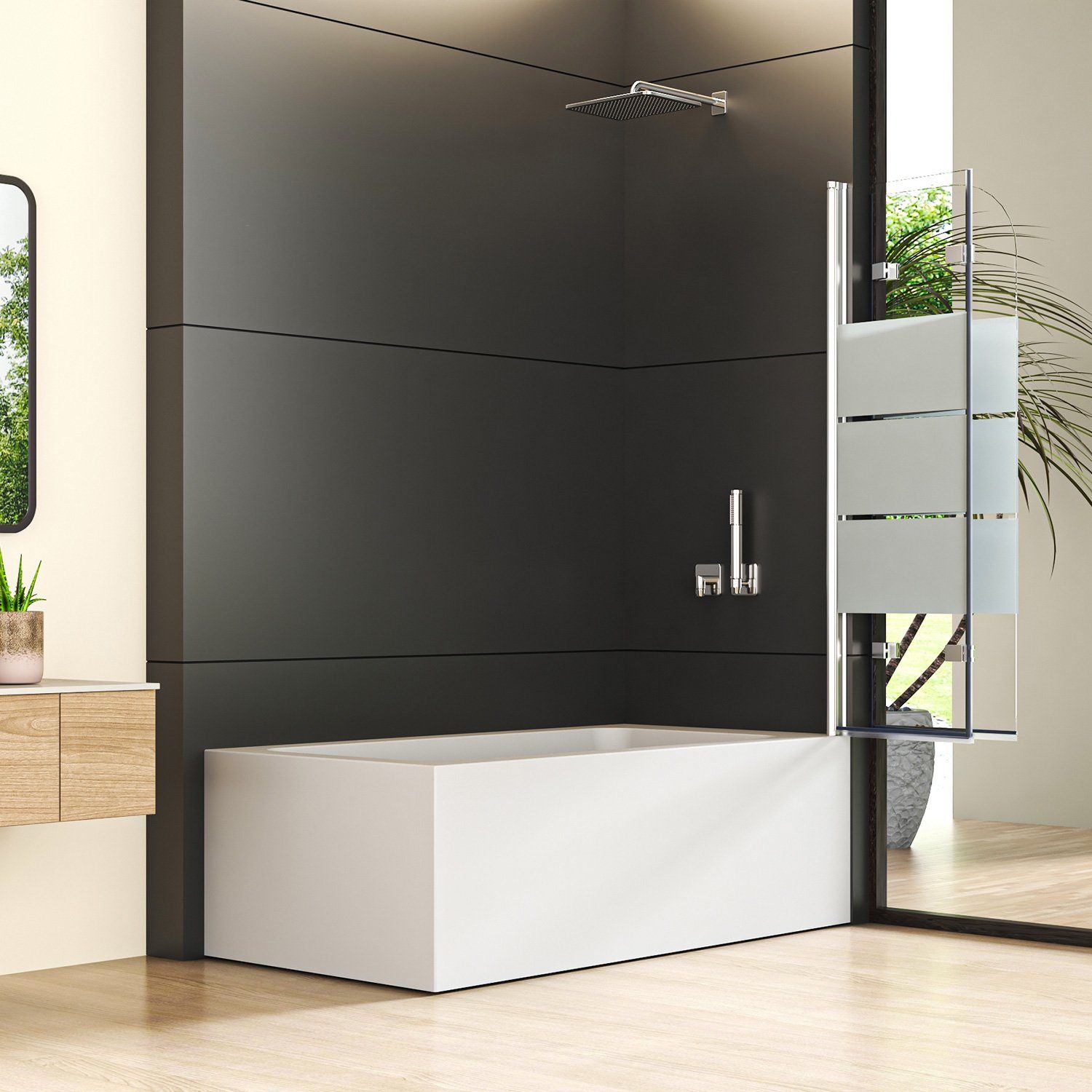 Boromal Badewannenaufsatz Badewannen Duschwände 3 teilig 130cm Faltbar Badewannenfaltwand Glas, (Klarglas /Teilsatiniert glas), Badewannenfaltwand Glaswand 6mm ESG Glas