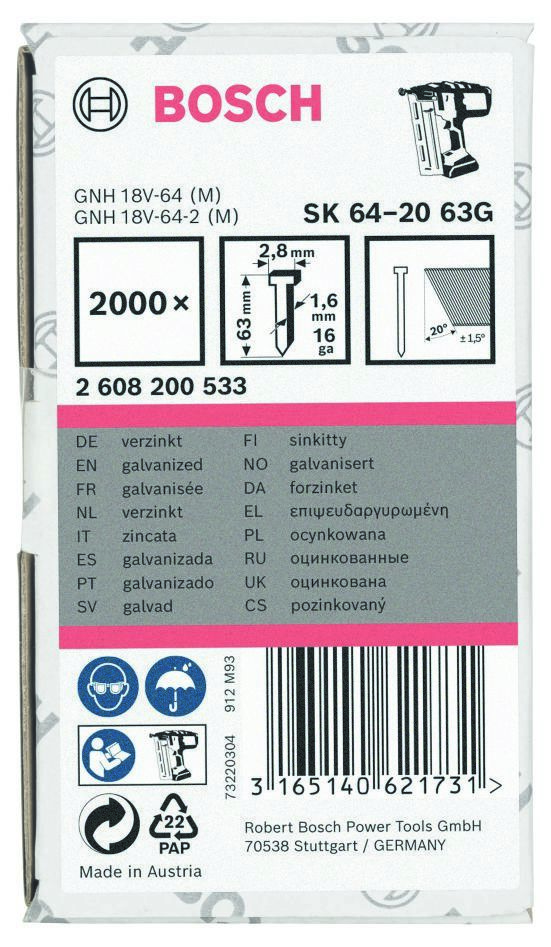 Bosch Blå Tillbehör 2608200533 SK64-20 Spik 1,6 mm Galvaniserad 63 mm 2000 stycken
