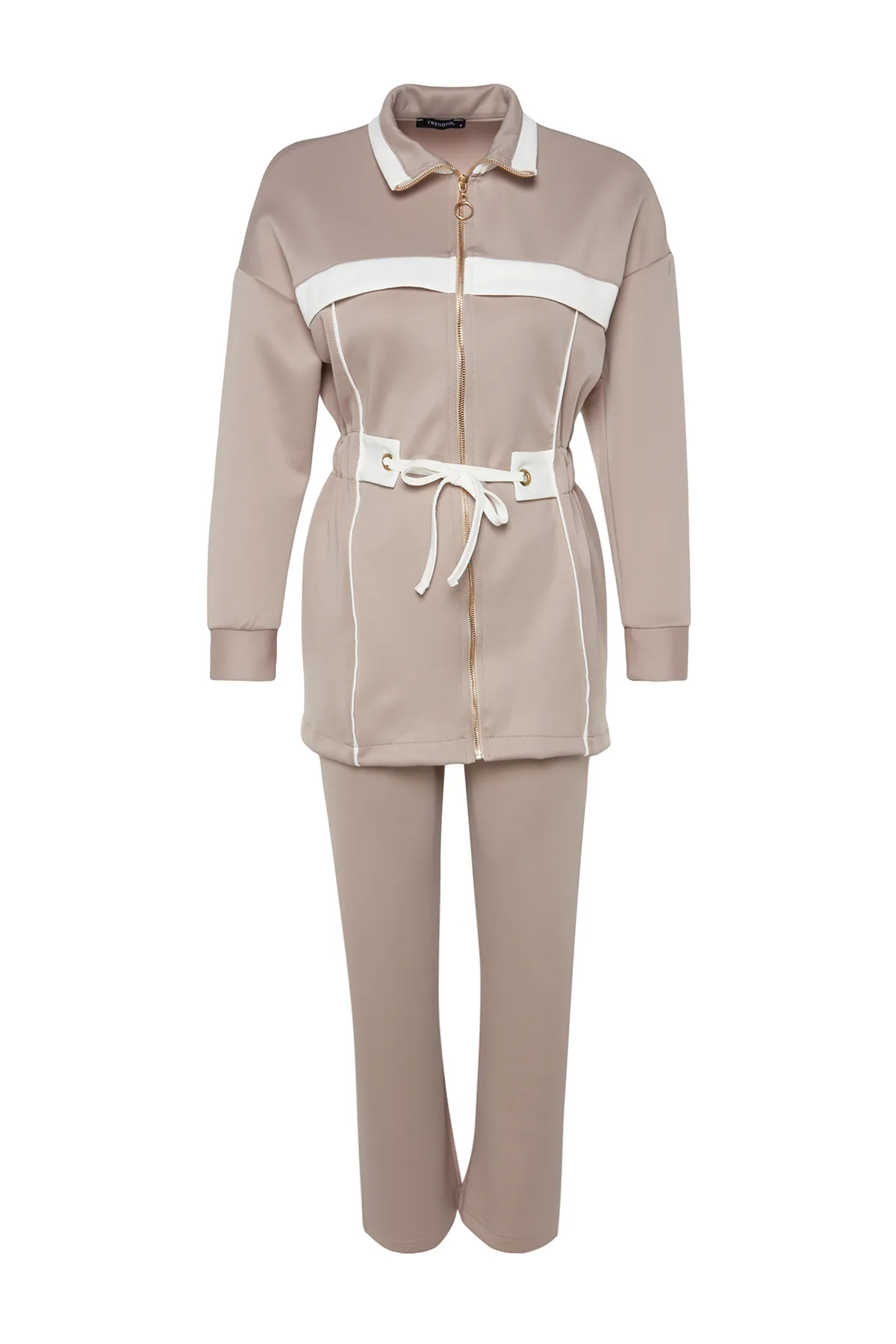 Trendyol Modest  Nerzfarbenes, ecrufarbenes Set aus Oberteil und Unterteil aus Scuba-Strick mit Paspelierung TCTAW24US00071