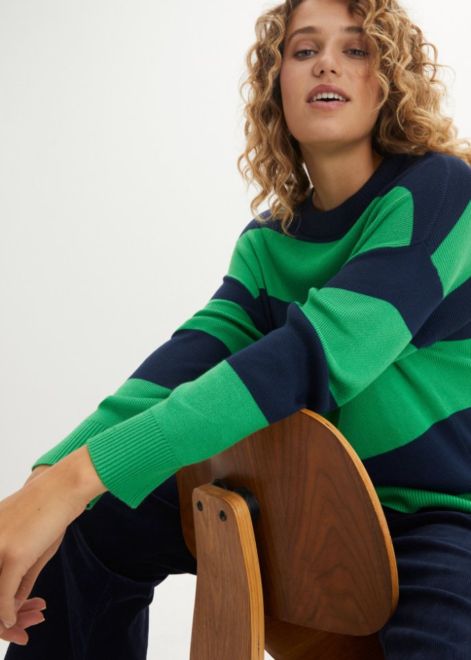 Rundhals-Feinstrickpullover mit Blockstreifen
