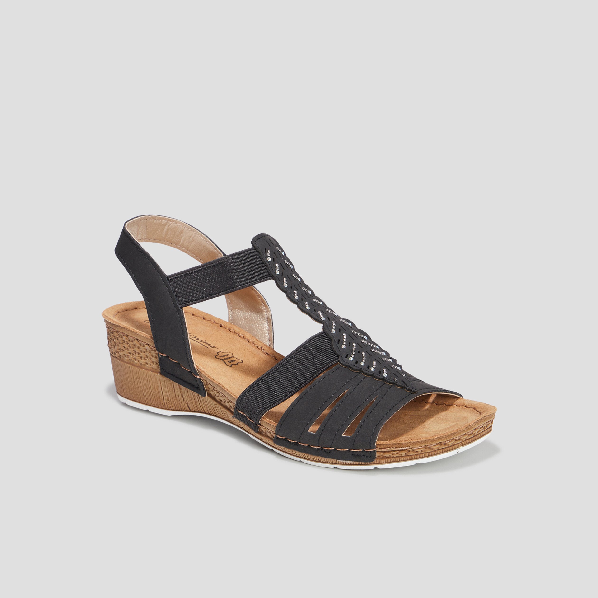 Sandales compensées cuir Confortissimo noir femme | La Halle