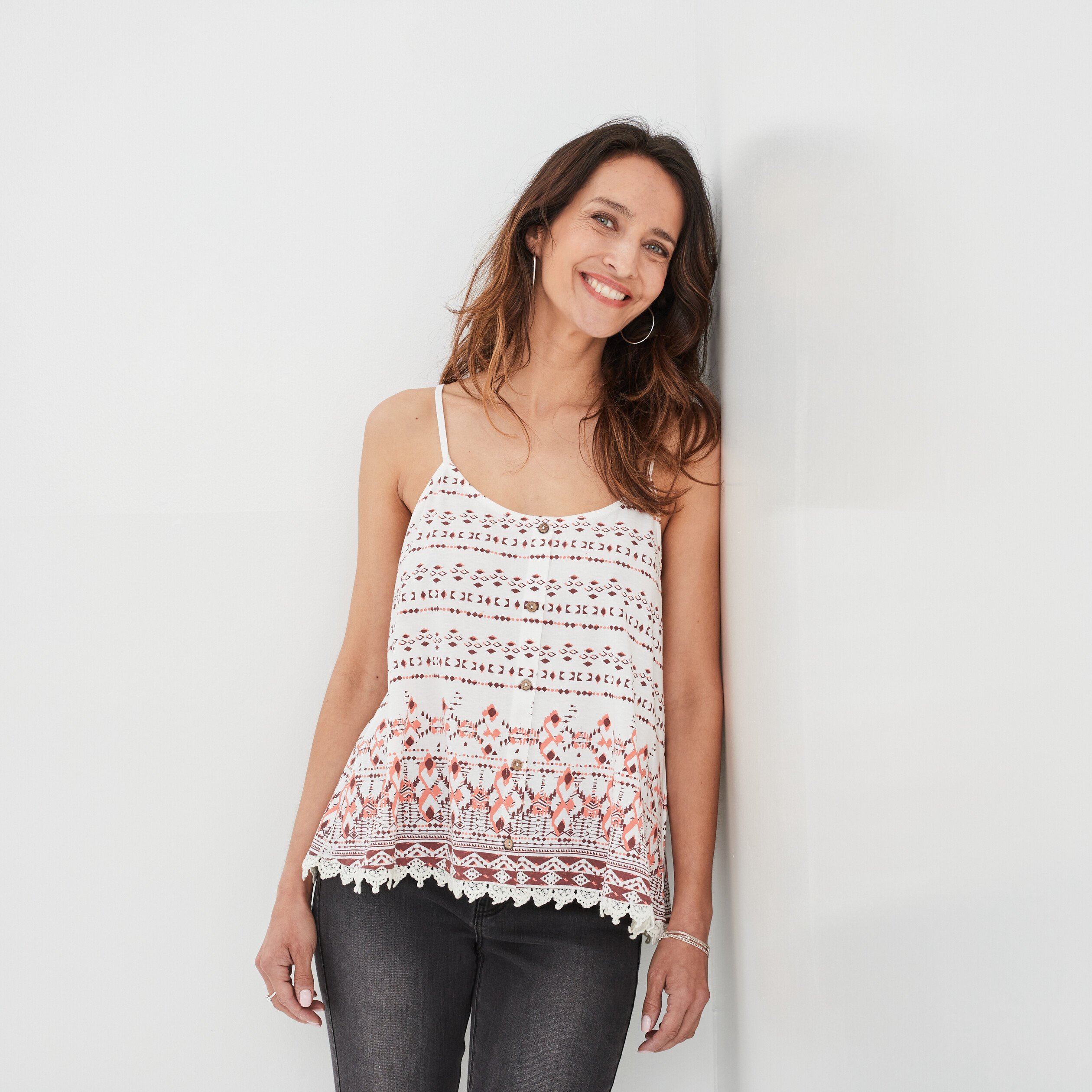 Débardeur bande macramé et boutons ecru femme | La Halle