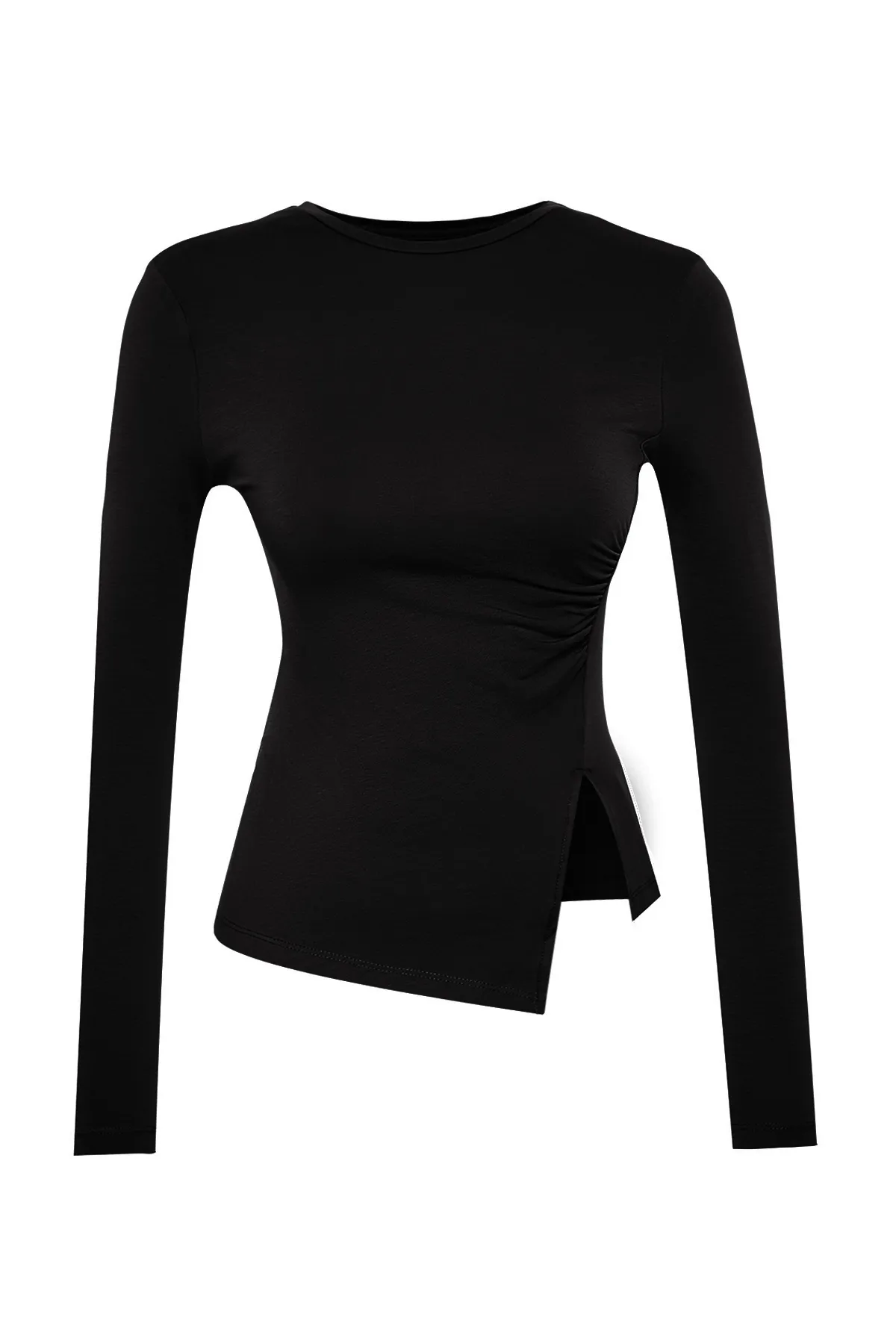 Trendyol Collection  Schwarze Strickbluse aus Baumwolle mit gerafftem Rundhalsausschnitt und einfachem Schlitz und detailliertem Schnitt TWOAW24BZ00388