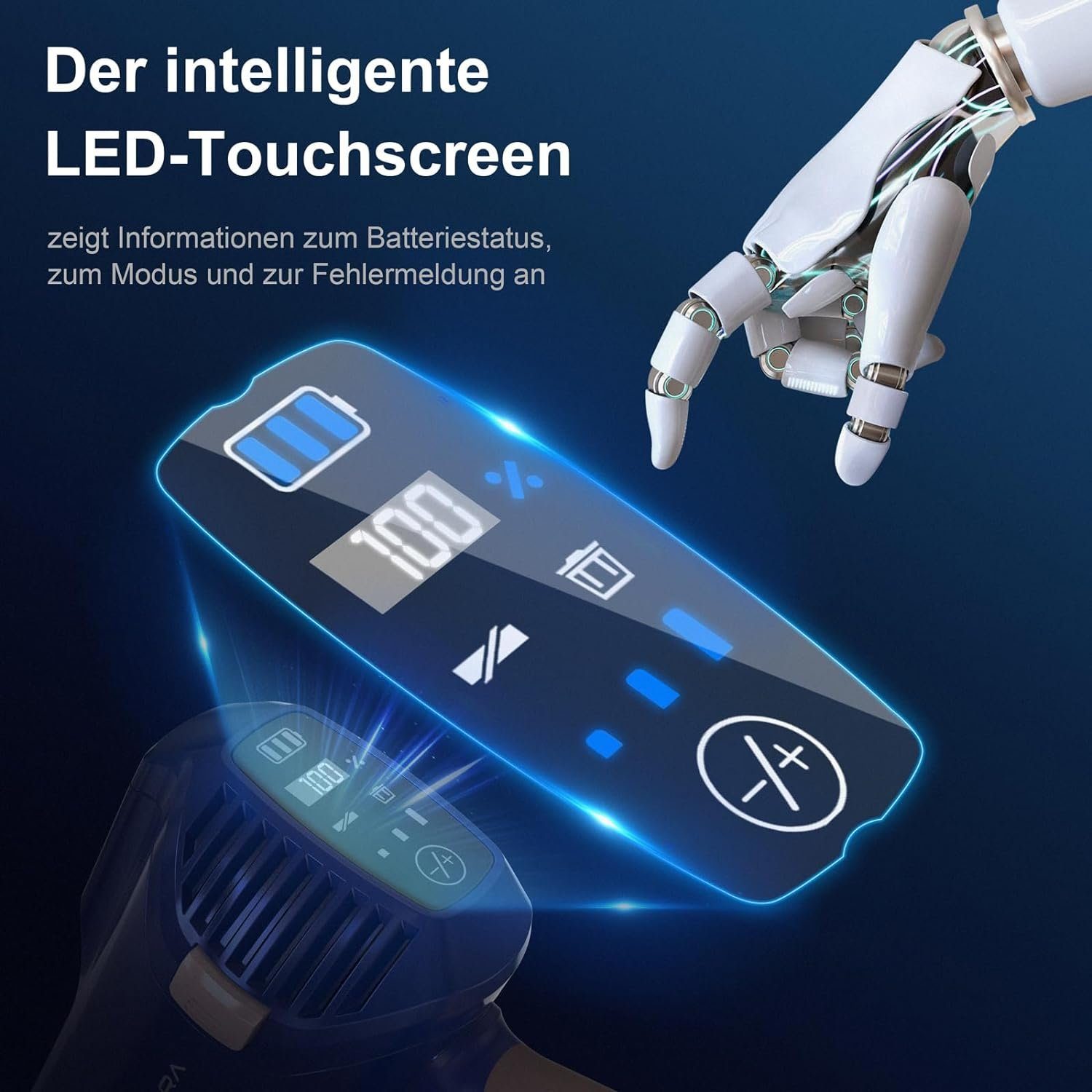 YISORA Akku-Hand-und Stielstaubsauger 33KPa mit Touchscreen, Staubsauger mit Milbenstaubsauger, Akku-Staubsauger, Lange Laufzeit von 55 Minuten und austauschbarer Akku