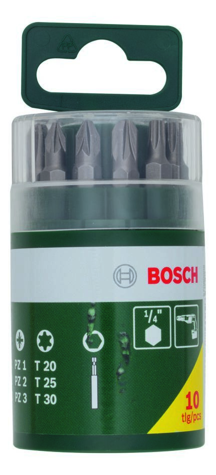 Accessoires verts Bosch 2607019452 Coffret de 10 embouts de tournevis L = 25 mm PH 1/2/3 PZ 1/2/3 T 20/25/30