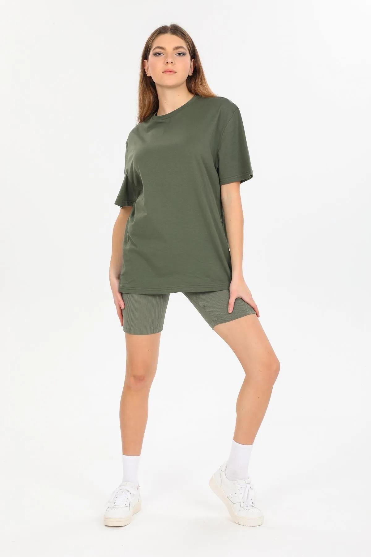 Domoda  Khakifarbenes Oversize-Fit-Baumwoll-Kurzarm-Basic-T-Shirt für Damen und Herren